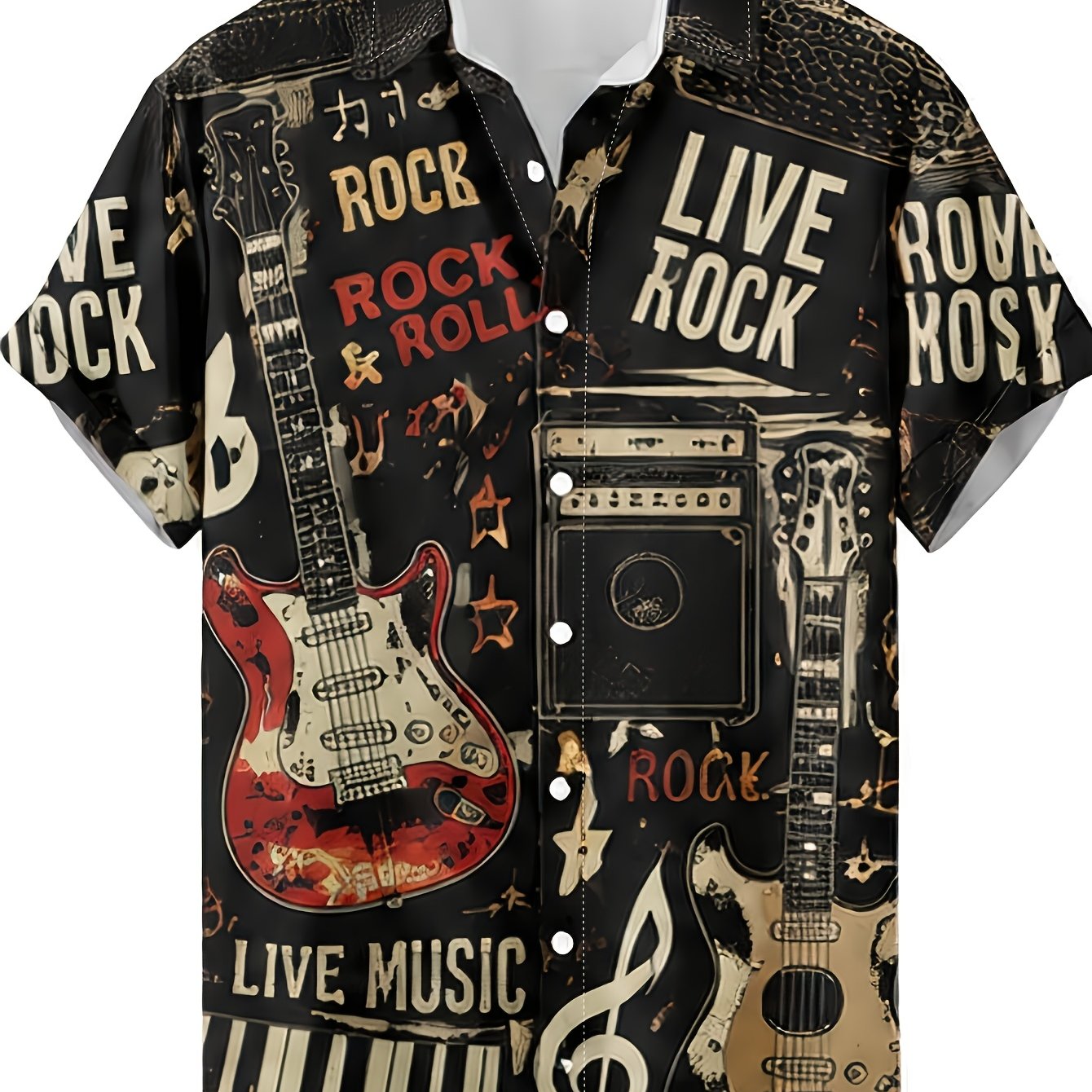 TEMU Old Money Outfits Men' & Women' Vintage Rock Shirt - Short-sleeve Button-up Collar Button-front Shirt With Rock Guitar Print, Machine Washable