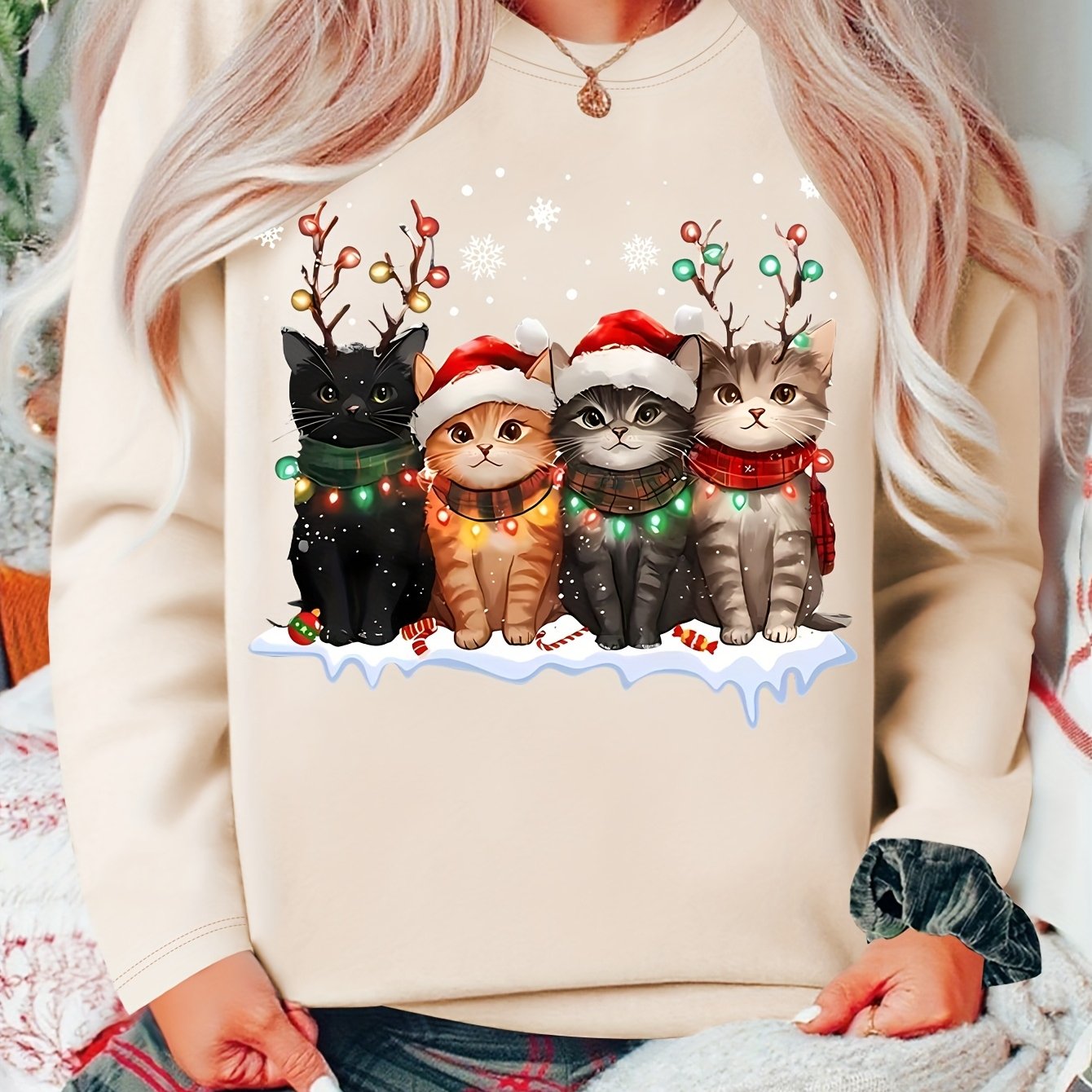 TEMU New Christmas : Women's Autumn Apparel - Cat Print Crew Neck Long Sleeve T-shirt Wearing A Santa Hat, Antlers, And With Christmas Lights.