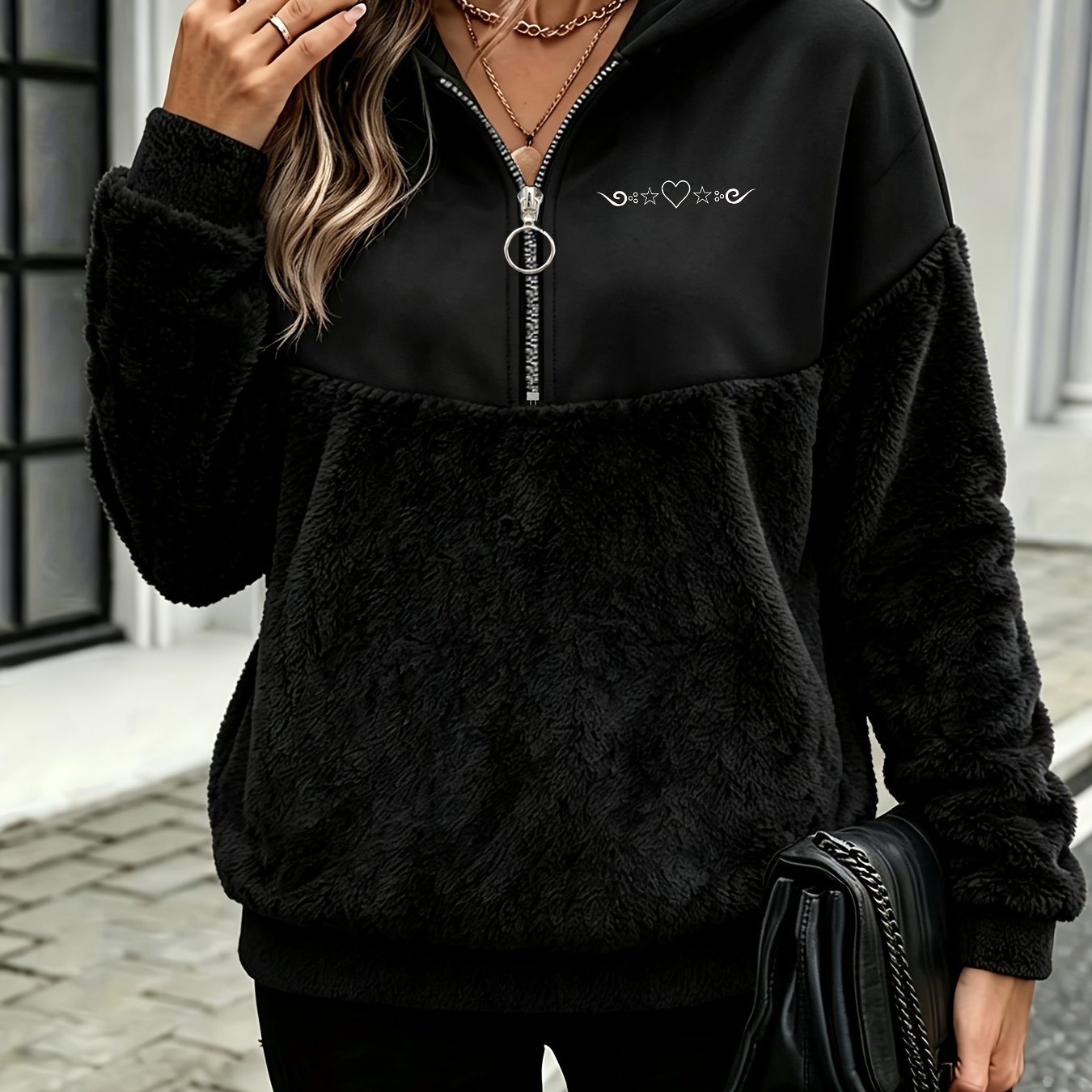 TEMU Autumn Women's Hoodie, Pattern Print Warm Fleece-lined Hoodie, Essential For Fall, Zipper Design