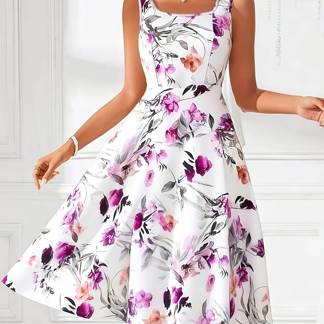 E-shop Elegantes Damenkleid mit Blumenmuster, schräger Schnitt, ärmellos, eckiger Ausschnitt, A-Linie, bequem, elegant, temperamentvoll, geeignet für