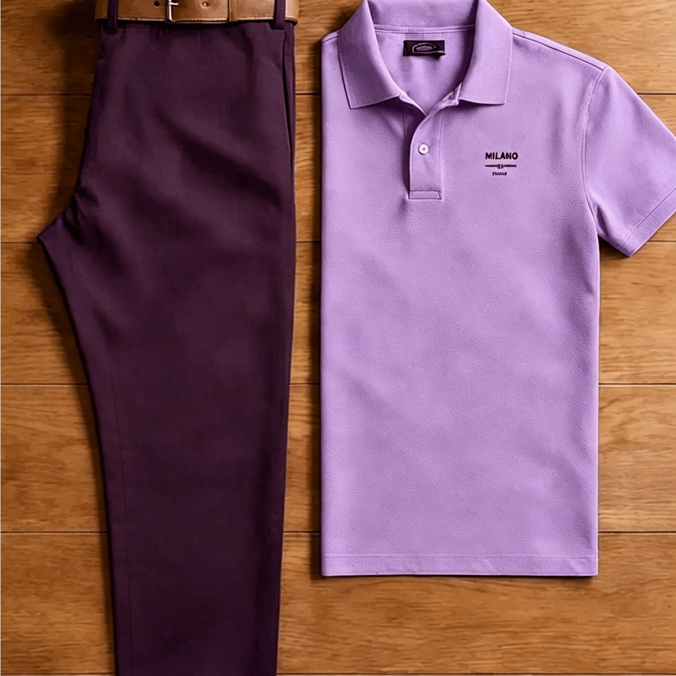 Men's 2pcs Casual Outfit Set, Solid Color Chest Small Logo Short Sleeve Shirt And Solid Dark Purple Straight Leg Chino Pants, Summer Business Golf Daily Matching Suit