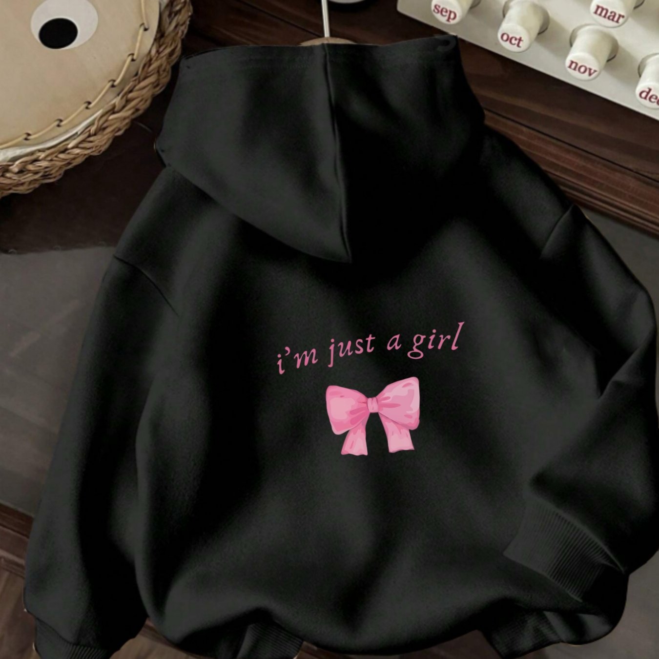 TEMU Letter Pink Bow Graphic Fashion Hoodie, Casual Hooded Sweatshirt For Winter And Autumn, 220 (g/m2), Machine Washable Casual Pullover, Women's