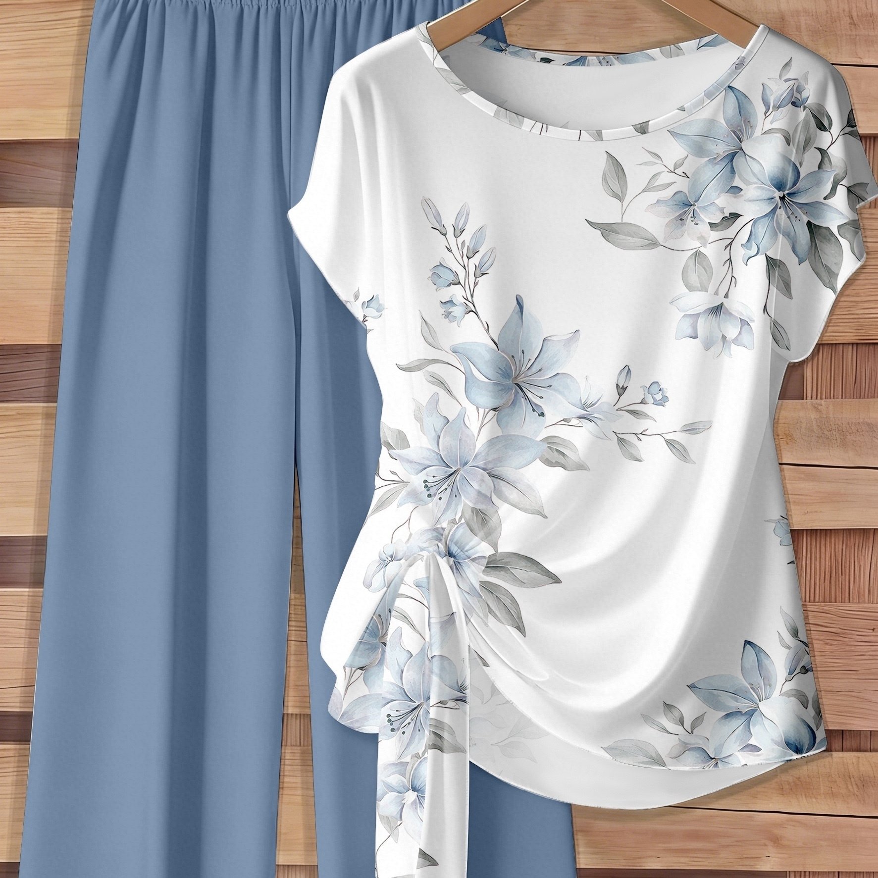 TEMU Ensemble de mode pour femme européen et américain spécialement développé par : nouveau haut à manches courtes et col rond à imprimé floral