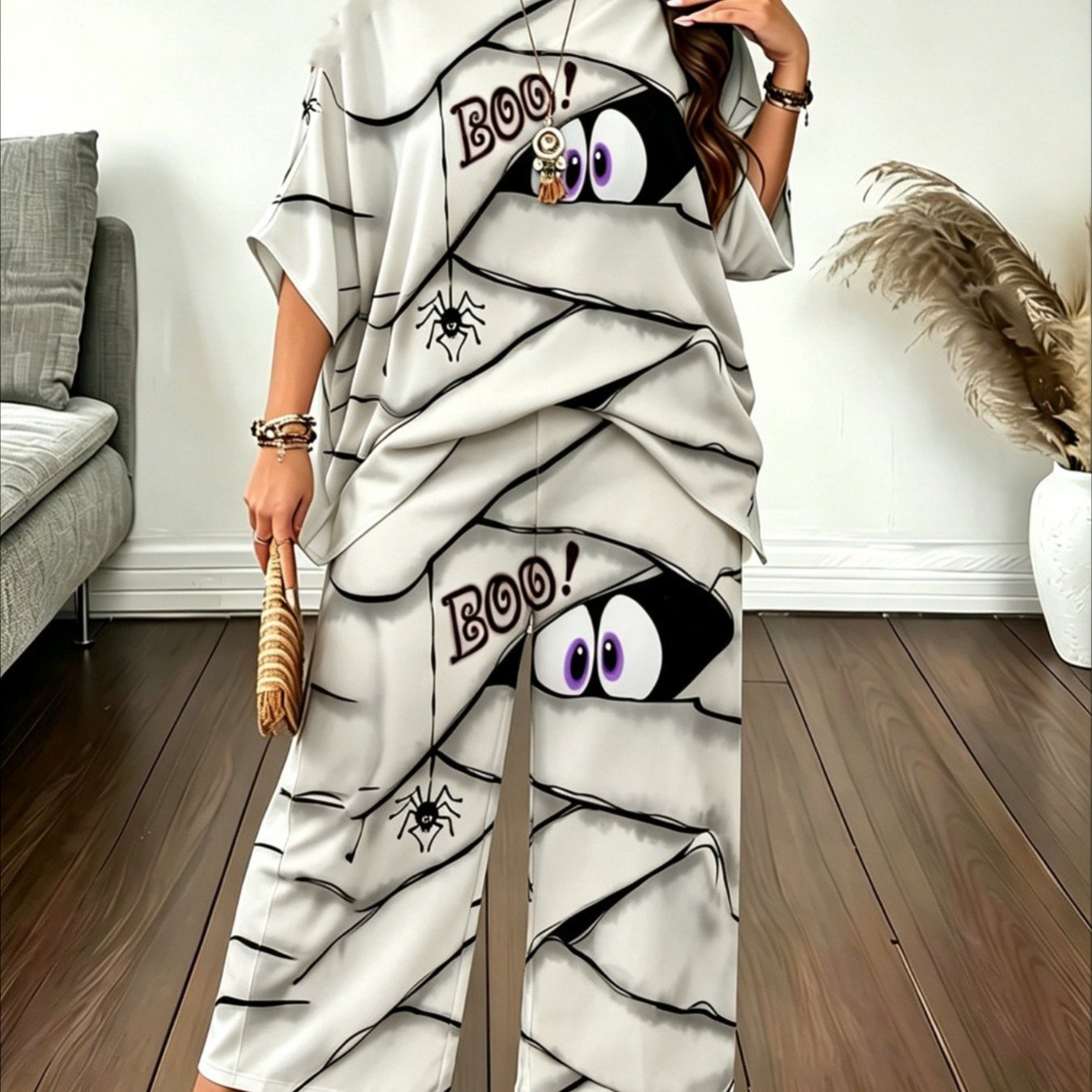 Image of For Halloween Plus Size Women Bandage Boo Text Spider Cartoon Print 2pcs Matching Outfit, Batwing Short Sleeve Irregular Loose Top And Wide Leg Pants Loungewear Suit