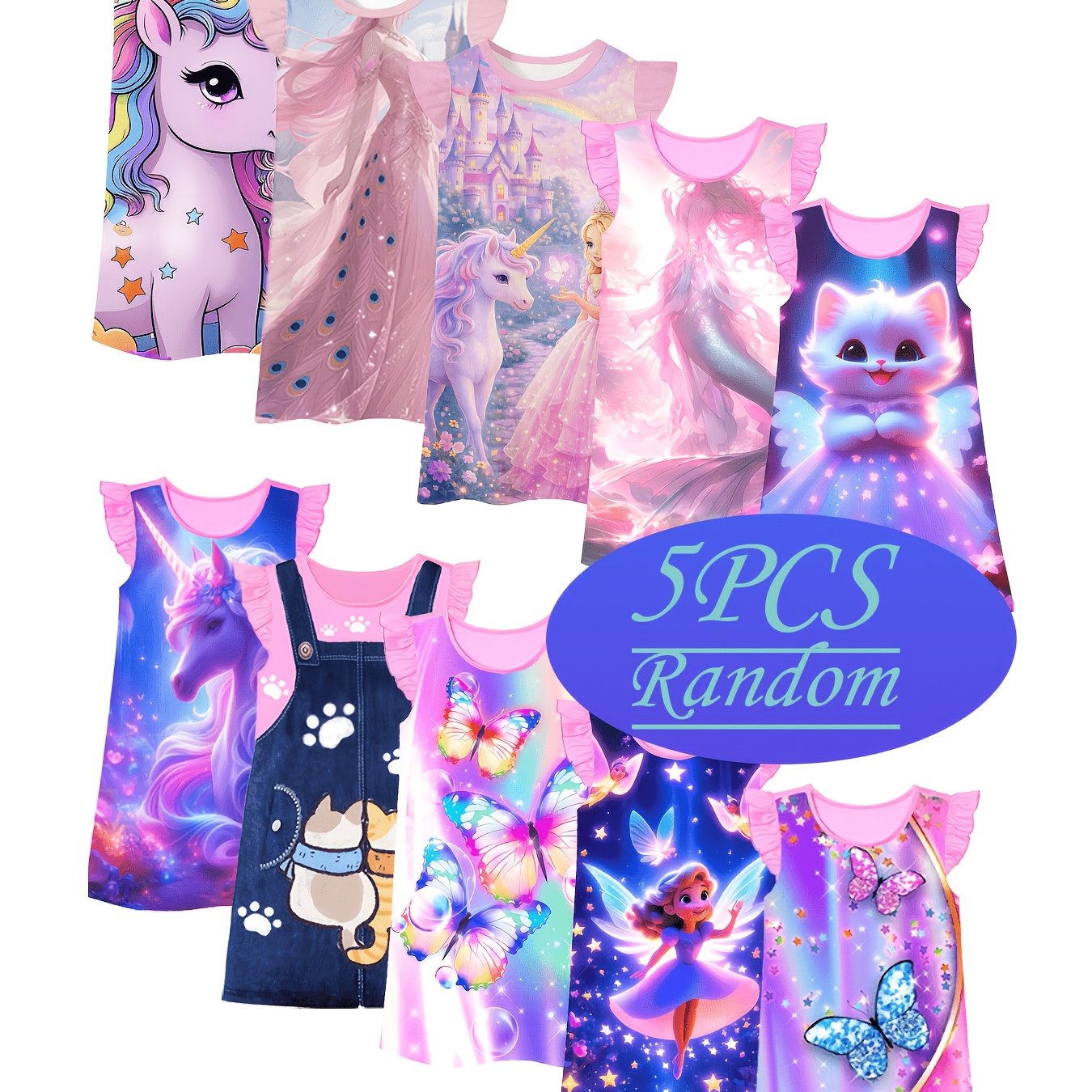 Image of 5pcs Random Spring And Summer Girls' Sleepdress Round Neck Flame Retardant Soft Fabric Colorful Elf Cat Pattern Soft And Skin-friendly Material Firm Printing Does Not Fade Suitable For Wear