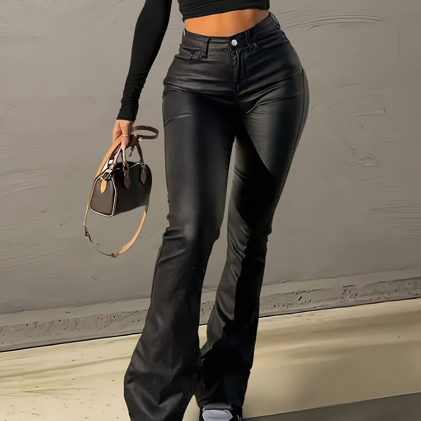 E-shop Beliebte Damen-Hose im amerikanischen Stil aus PU mit hoher Taille ausgestelltem Bein, bodenlange Hose mit geradem Bein ausgestelltem Bein für