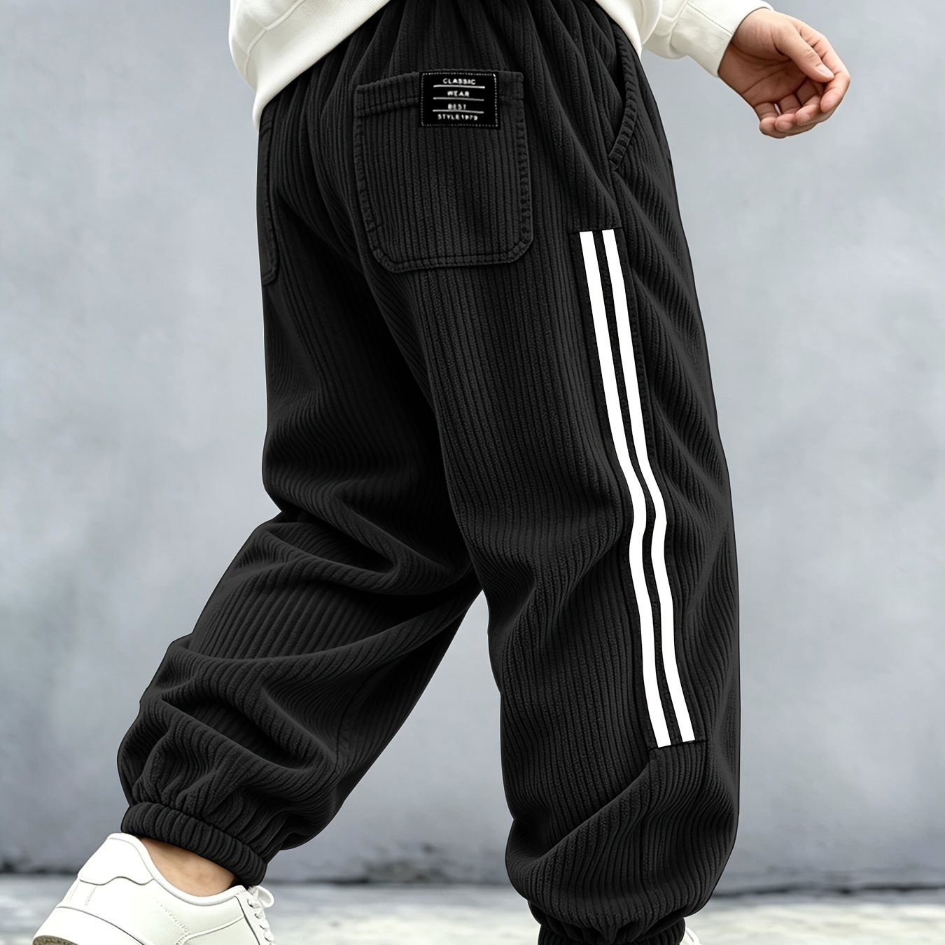 TEMU Men's Corduroy Striped Athletic Cargo Pants, Side , Elastic Drawstring Waistband, Multiple Utility Pockets, Back Pocket Included, Loose Fit,