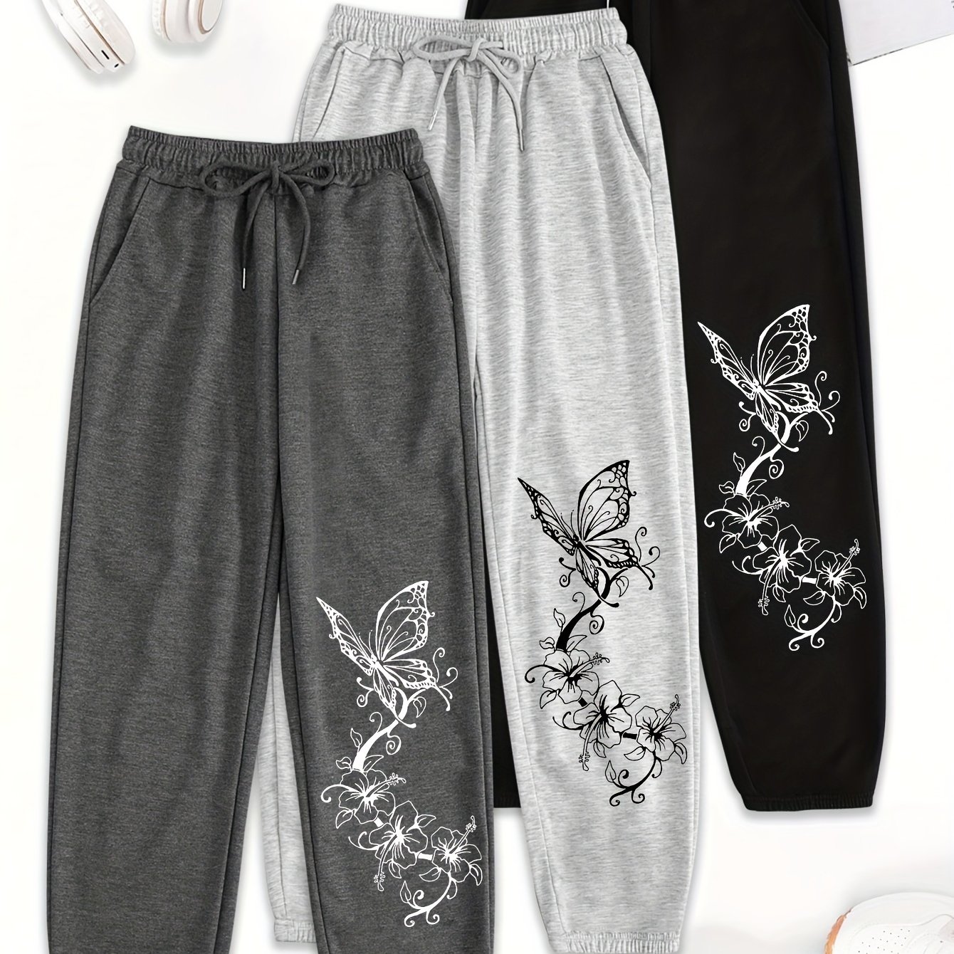 3pcs Letter Print Pants, Elastic Waist Casual Pants, Women's Clothing