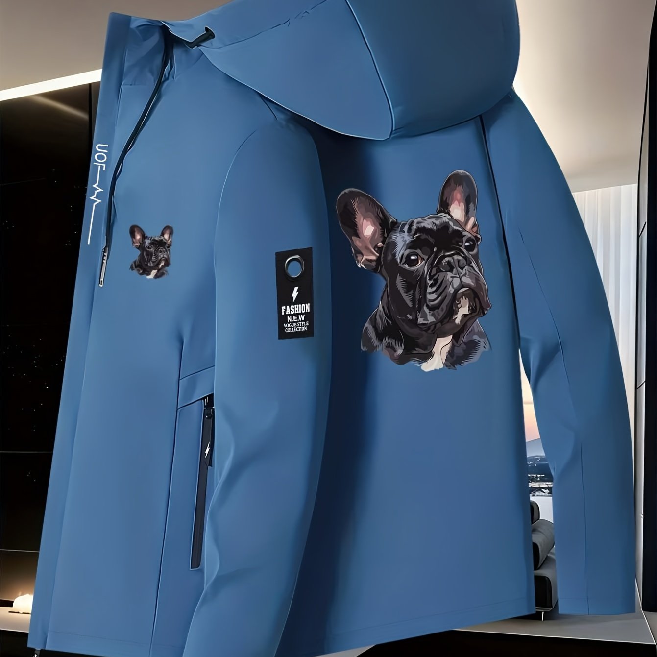 TEMU 's Windbreaker Jacket With French Bulldog Pattern, Outdoor Mountaineering Apparel, Unisex Outerwear Jacket
