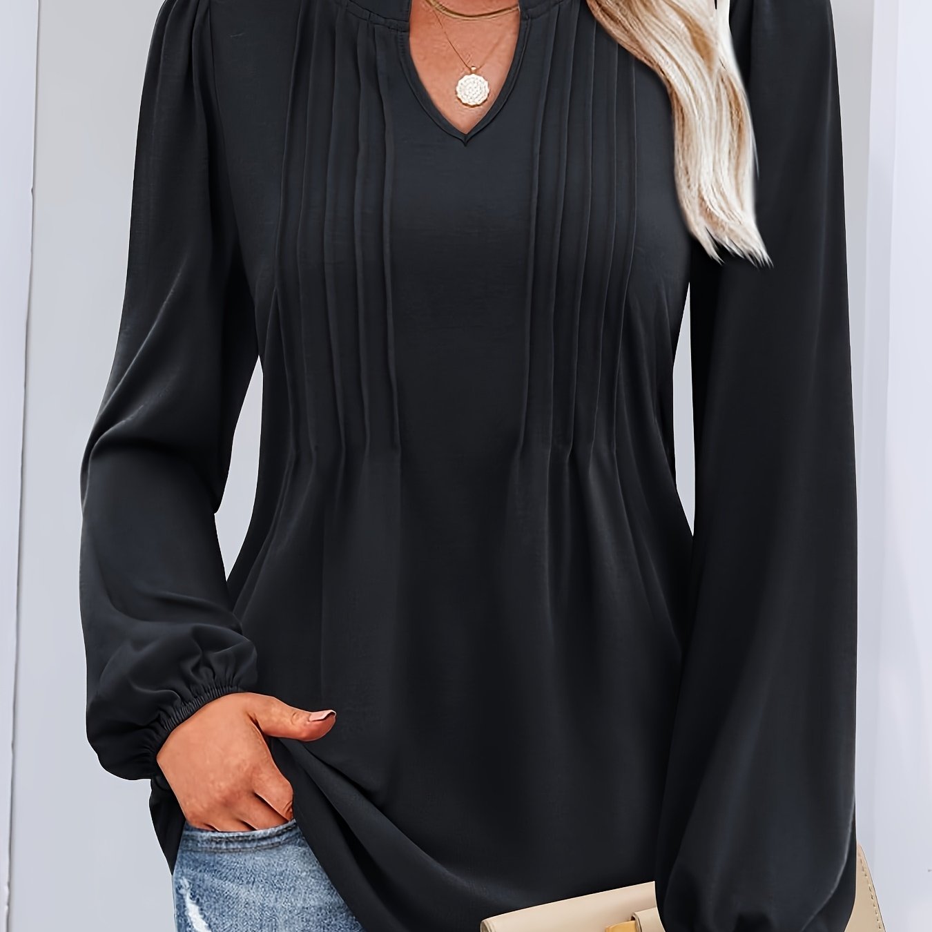 Women's Casual Loose Blouse V-neck Puff Long Sleeve T-shirt