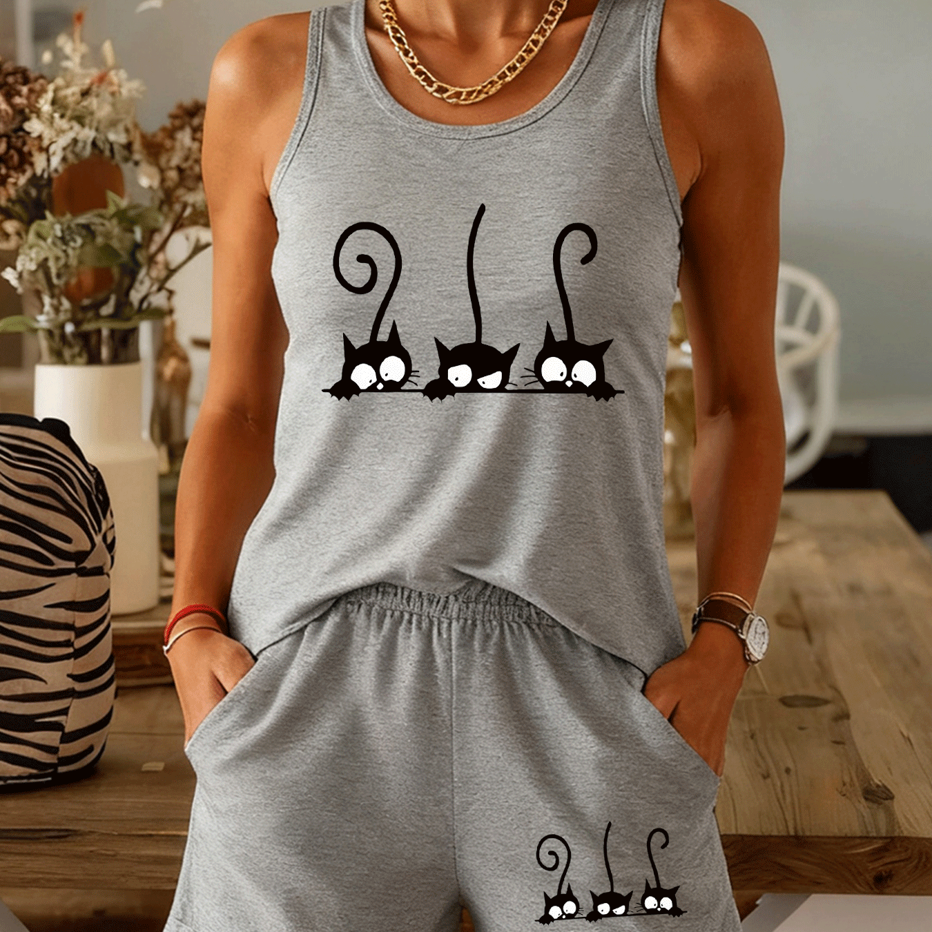 TEMU Cute Cats Peeking , Sleeveless Tank Top And Shorts 2pcs Set, Soft And Adorable Cat Casual Loungewear And Outerwear, Loose-fitting Comfortable