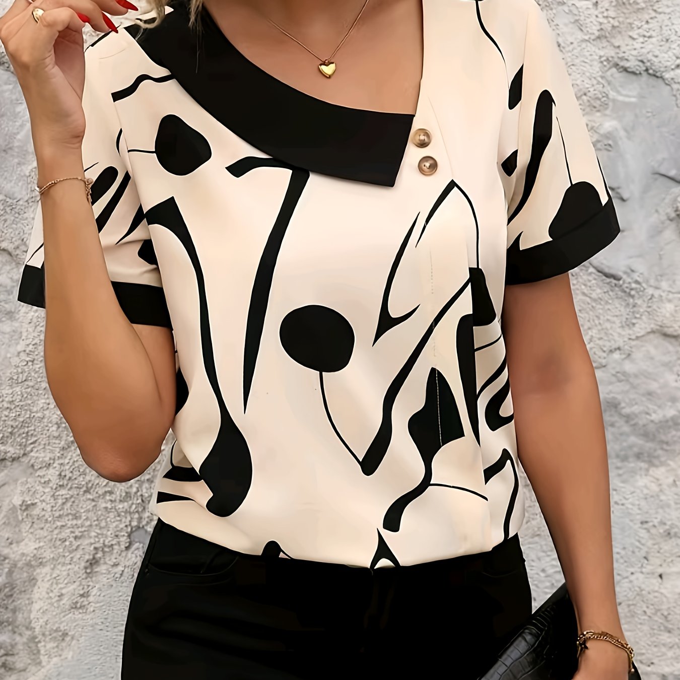TEMU Elegant Women's V-neck Casual Shirt - Geometric Print / Black / Short-sleeve Shirt With Button Details / Suitable For And Summer