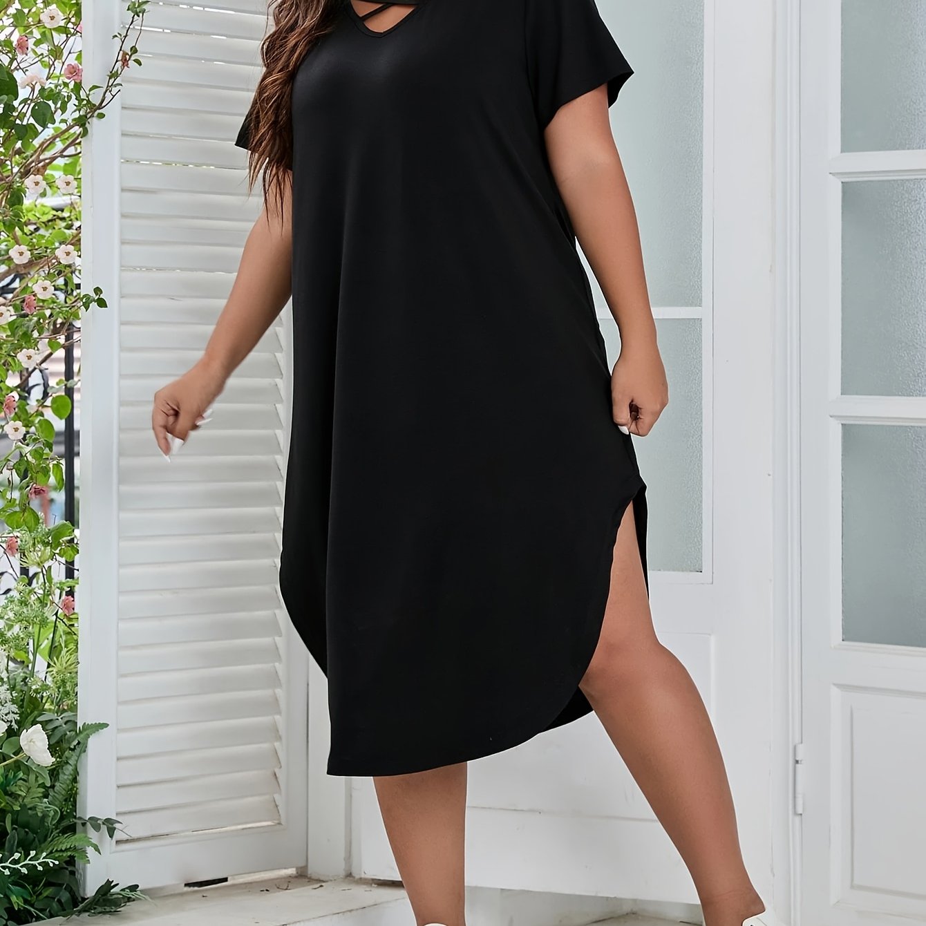 Plus Size, Cross-front Swing Arc Hem T-shirt Dress