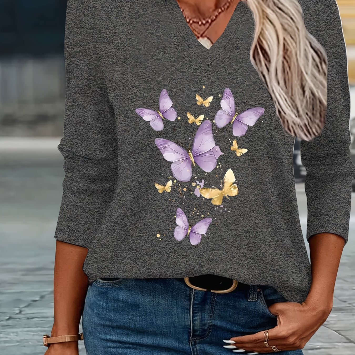 TEMU Chic Print Spring/summer Fashion Simple Women's Casual V-neck Three-quarter Sleeve T-shirt