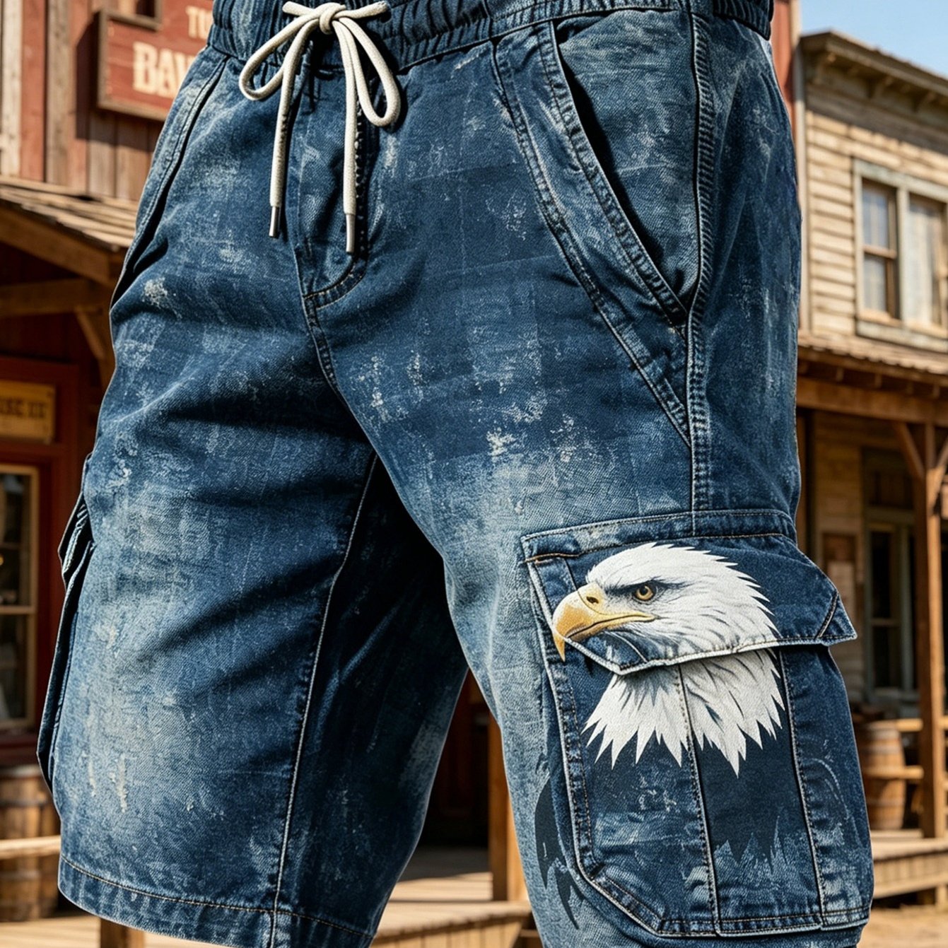 Image of Men's Drawstring Cargo Shorts With Double Pockets Casual Straight Leg Denim Shorts Summer Lightweight Loose Fit Jeans With Eagle Print Distressed Design Multi-pocket Workwear For Youth Women's Clothin