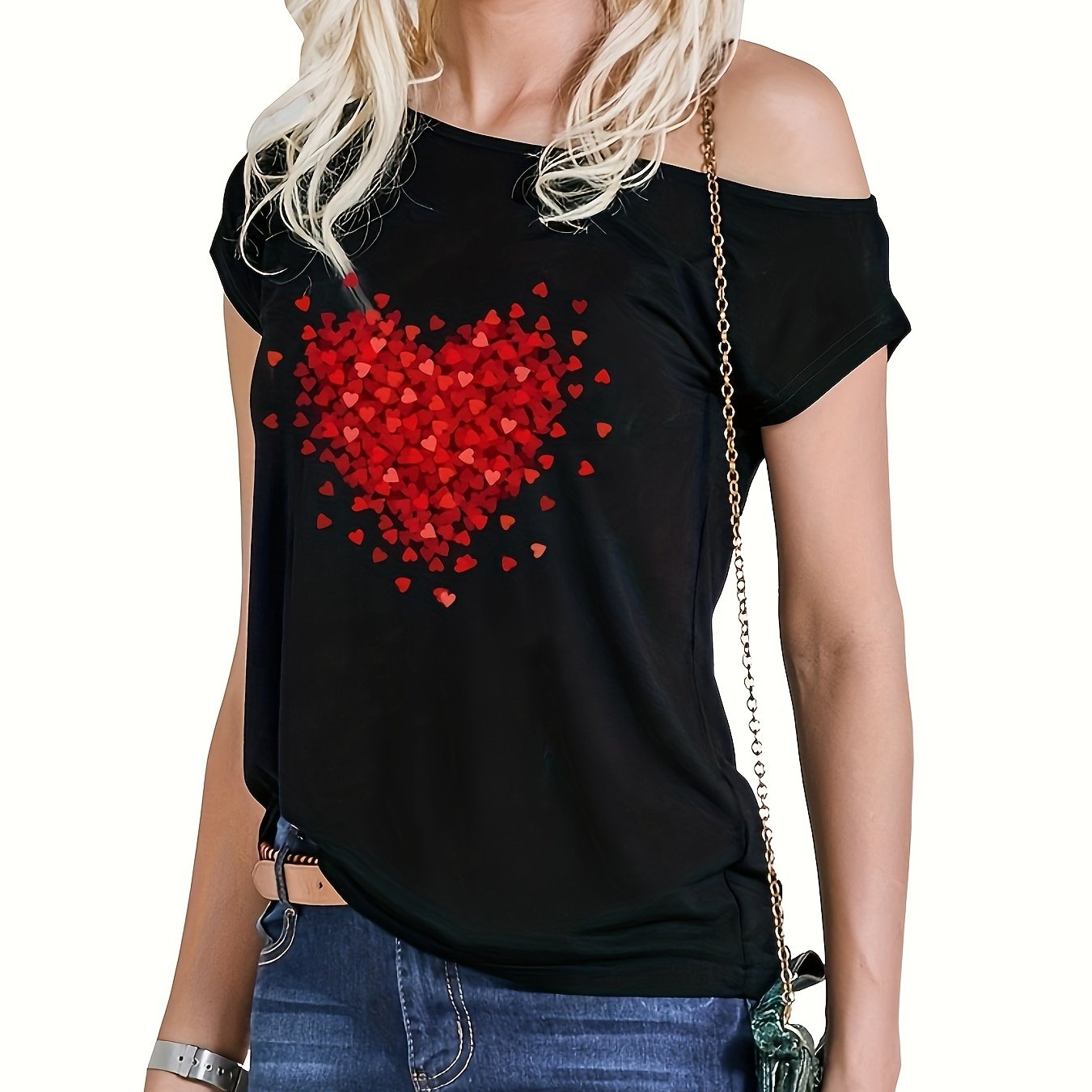 Image of Women's Sexy Summer Slim Fit Asymmetric -shoulder T-shirt - Heart Print Diagonal Strap Top, Machine Washable Medium-stretch Casual Beachwear Suitable For Summer Parties & Night Outs