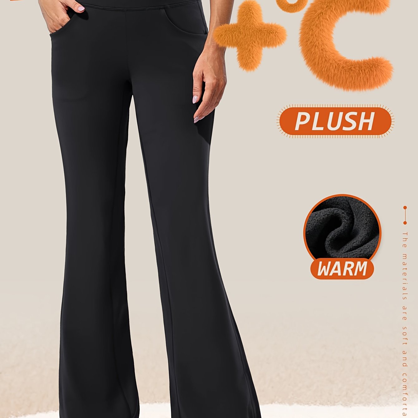 Cozy Fleece-lined High-waist Yoga Pants For Women - Slimming, Butt-lifting Flare Leggings With Pockets, Fall/winter, Elegant Style, Autumn/winter