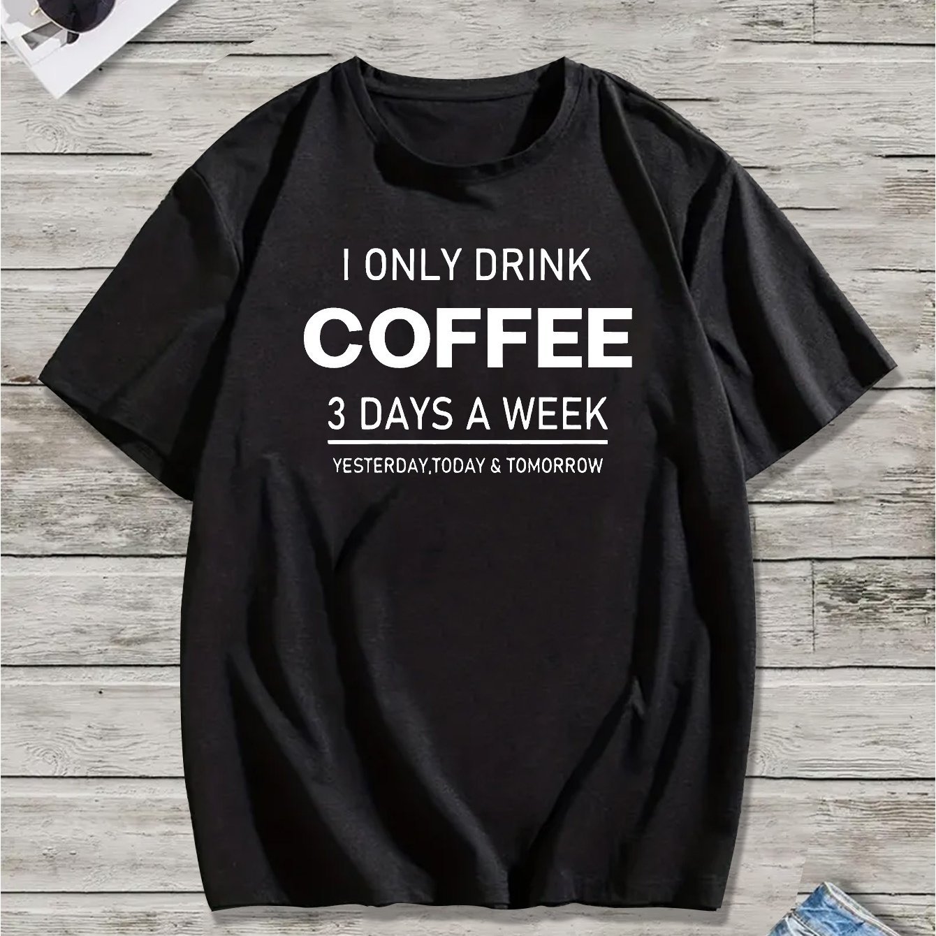 TEMU Men's Funny Coffee T-shirt - "i Only Drink Coffee 3 Days A Week" Slogan, Casual Short Sleeve Crew Neck Tee With Humorous Lettering, Machine