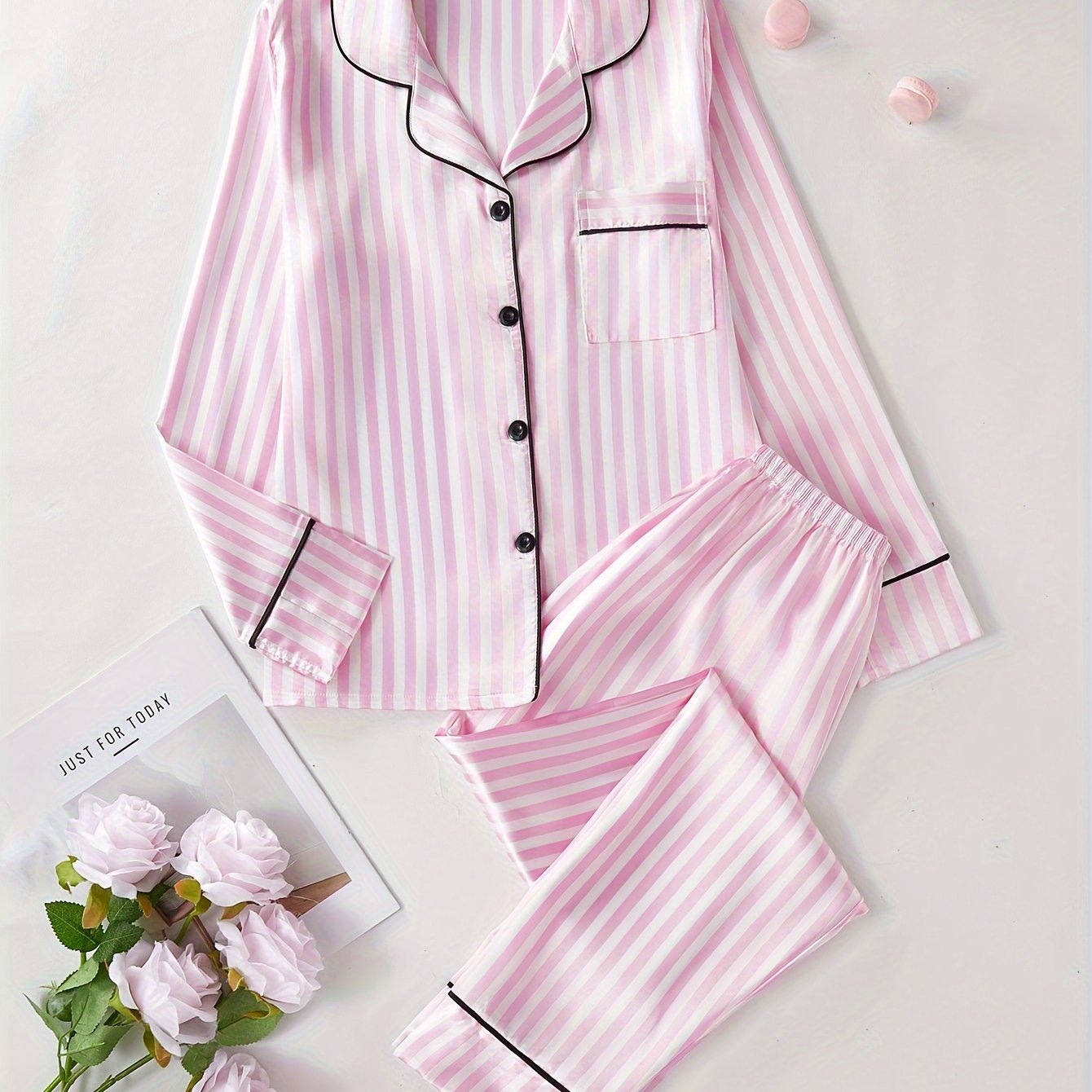 TEMU Elegant Striped Satin Pajama Set For Women - Long Sleeve Button- & Pants, Cozy Polyester Blend, Machine Washable, Non-see-through, Sleepwear With Pockets