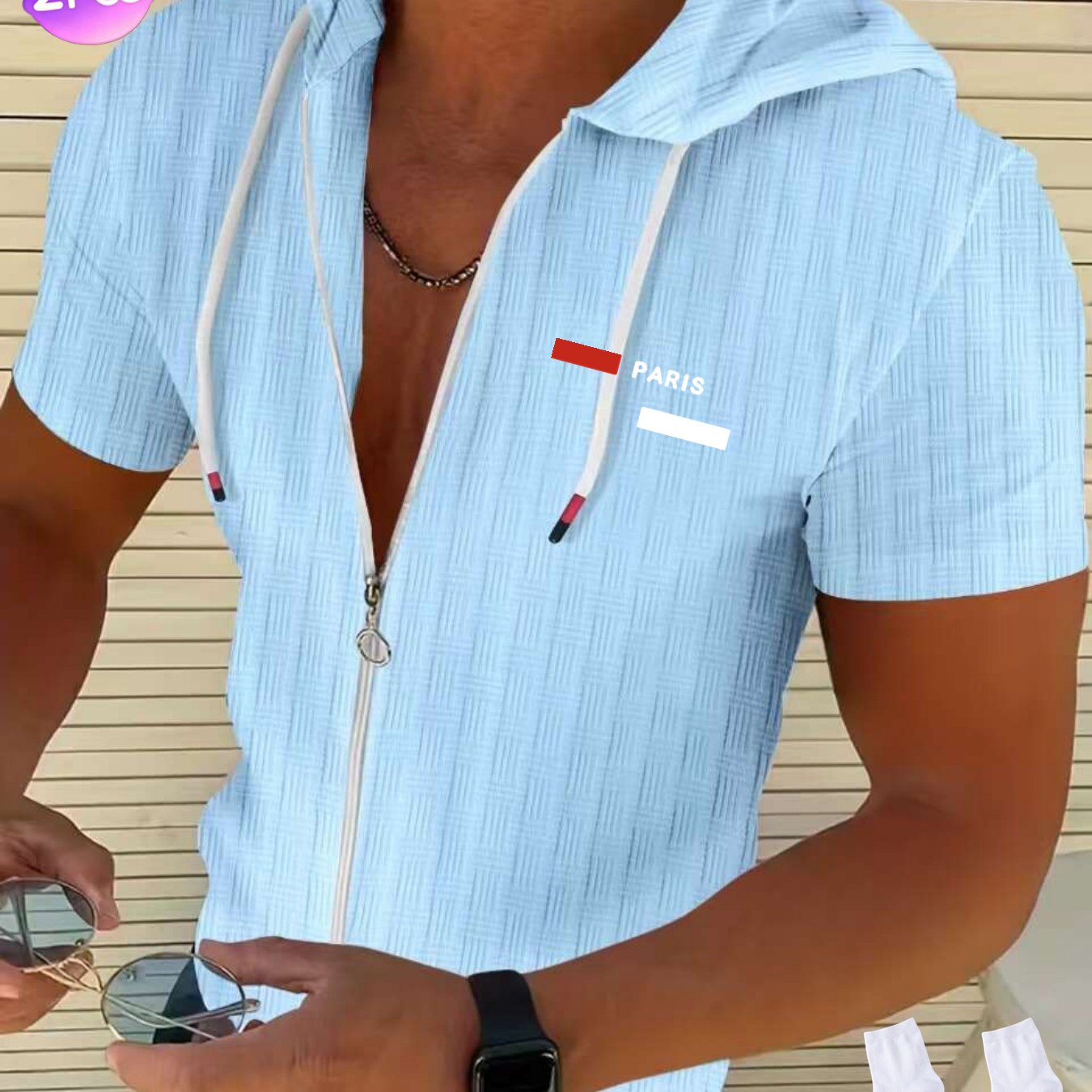 2pcs Summer Fashion Solid-color Checked Texture Men's Zipper Short-sleeved Hooded Casual Sports Beach Short-sleeved Hooded Shirt