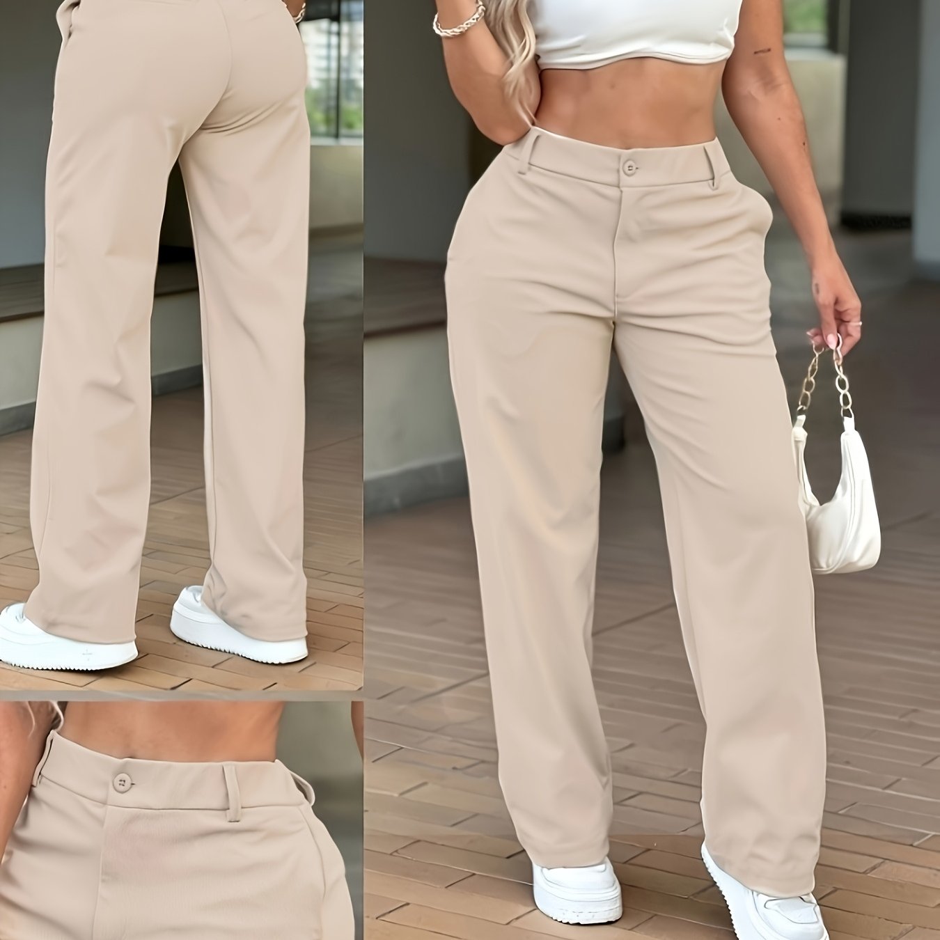 TEMU Spicy Khaki Straight-leg Pants For Women, Loose-fitting Flowy Versatile Long Pants, Trendy High-waist Khaki Straight-leg Pants For Women, And