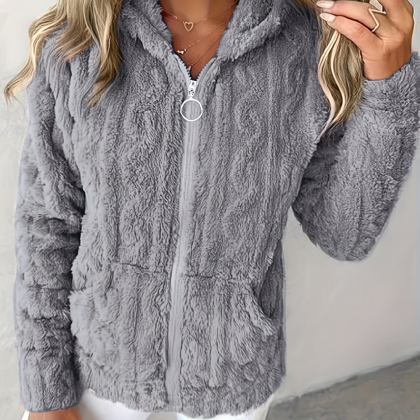 Image of 2025 Autumn/winter Women's Casual Solid Color Warm Hooded Zipper Jacquard -lined Long Sleeve Pocket Sweatshirt Niannian