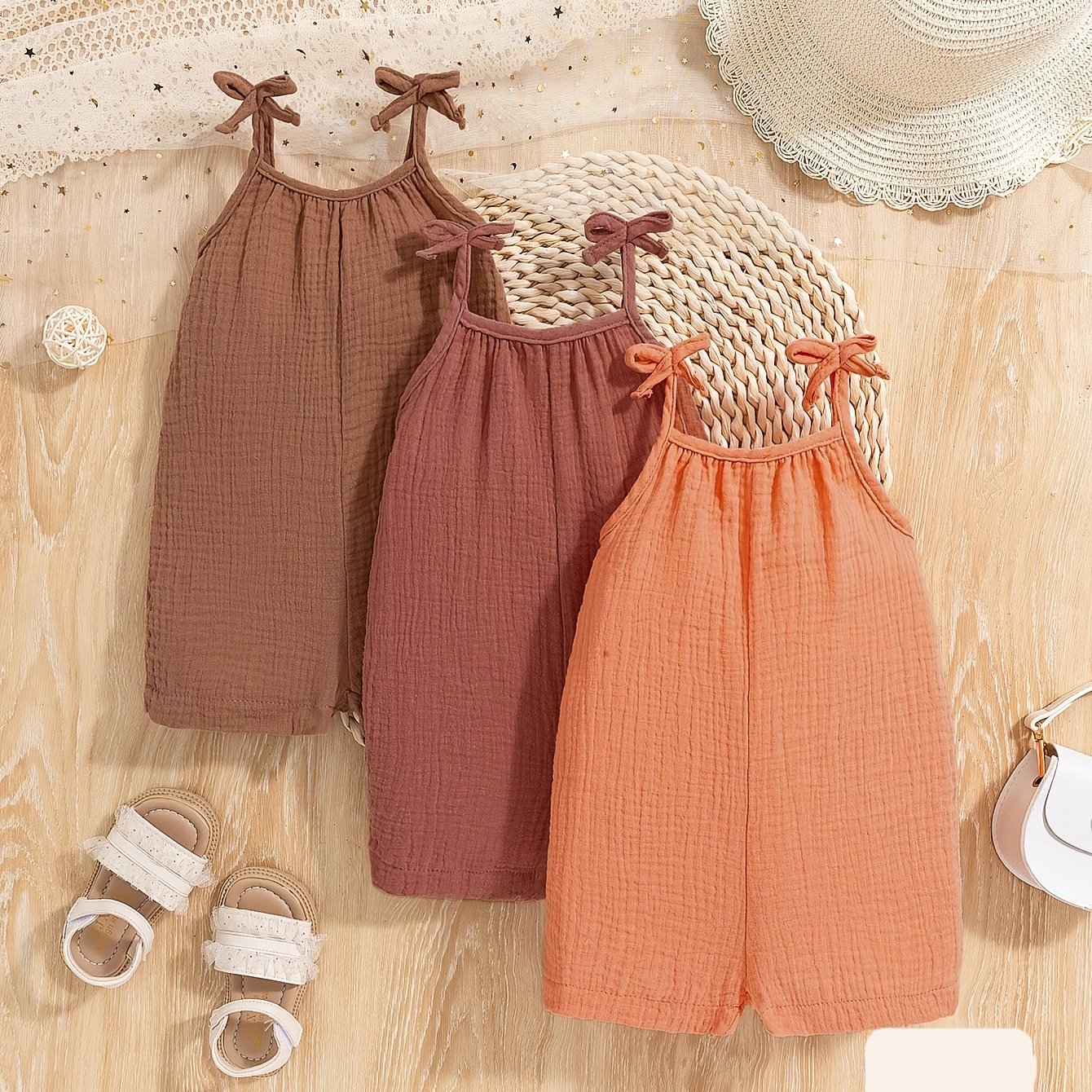 Image of 3pcs Set Of Baby Girls' Summer Casual Easy Style Multicolor Bow Shoulder Strap Bodysuit Outfit Suitable For Daily Outing And Play, For Outdoor