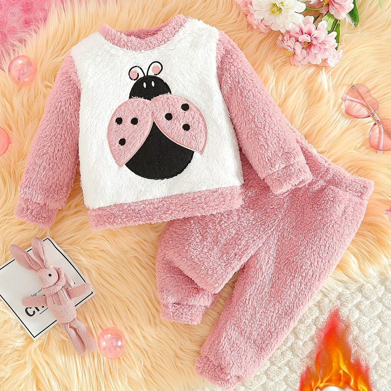 Image of Baby Girl Autumn Winter Pink And White Embroidered Top And Solid Color Pants Set, Exquisite Sweet Cute Outfit, Gentle Attire, Clothing, Suitable For And Play, Birthday Gift, Newborn Wear, Back-to-