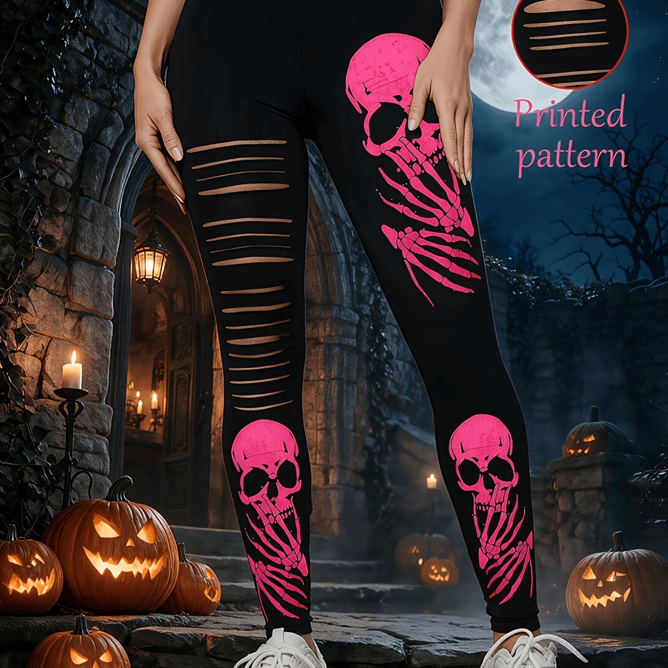 Image of Women's Halloween Leggings - Stretchy Opaque Pink Skull Pattern, Party Outfit, Machine Washable Daily Gothic Apparel, Casual Wear, Holiday Costume, Non-see-through Material