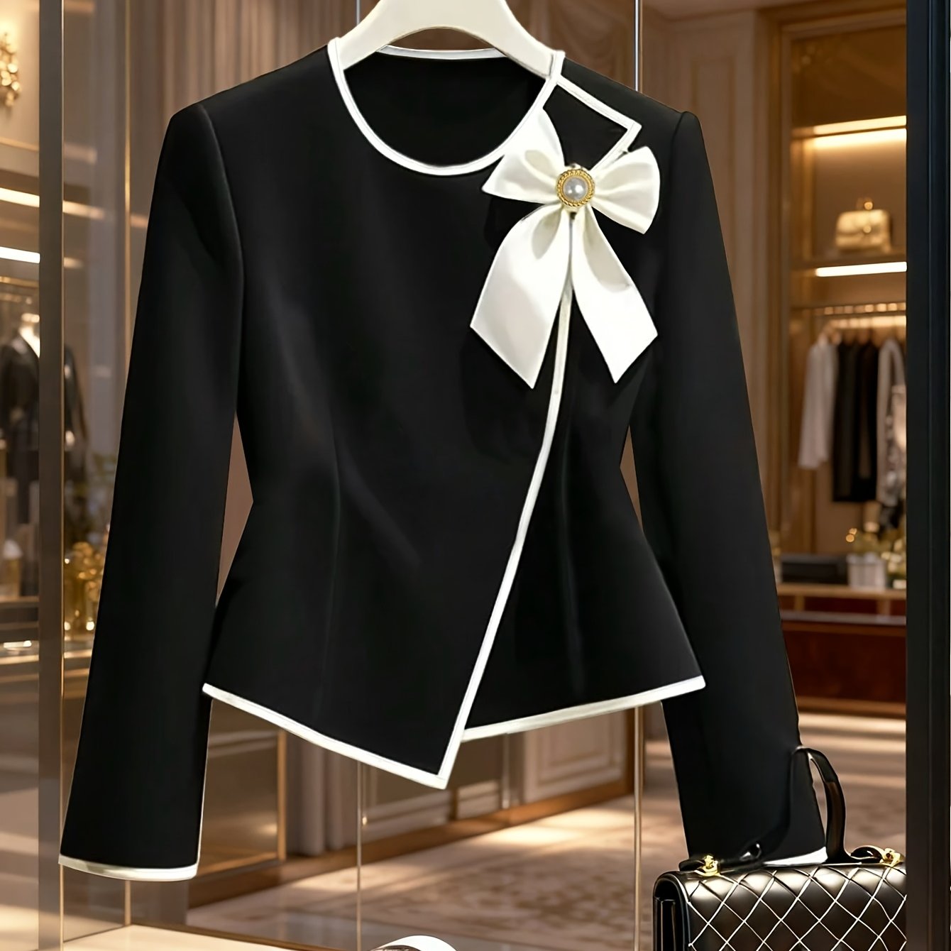 TEMU Women's Fashion Autumn New Style Front Bow Decor Round Neck Slim Fit Asymmetrical Hem Long Sleeve Top