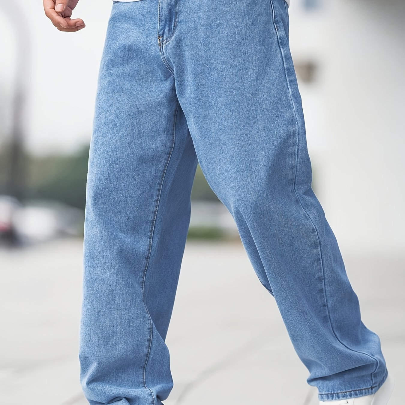 Men's Casual Wide-leg Jeans With Diagonal Pockets, Light Wash, Medium Stretch Straight-leg Design, Regular Length For Casual Attire