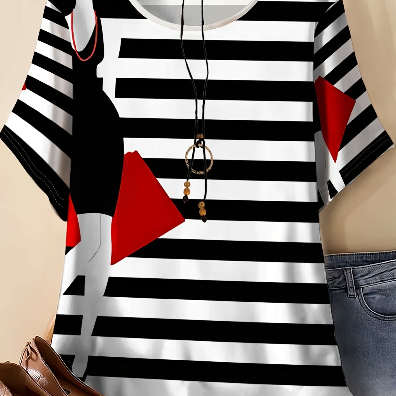 TEMU Women's Plus Size Black And White Striped T-shirt, Summer Loose Korean Fashion Printed Short Sleeve Top, Trendy Versatile Casual Base Layer