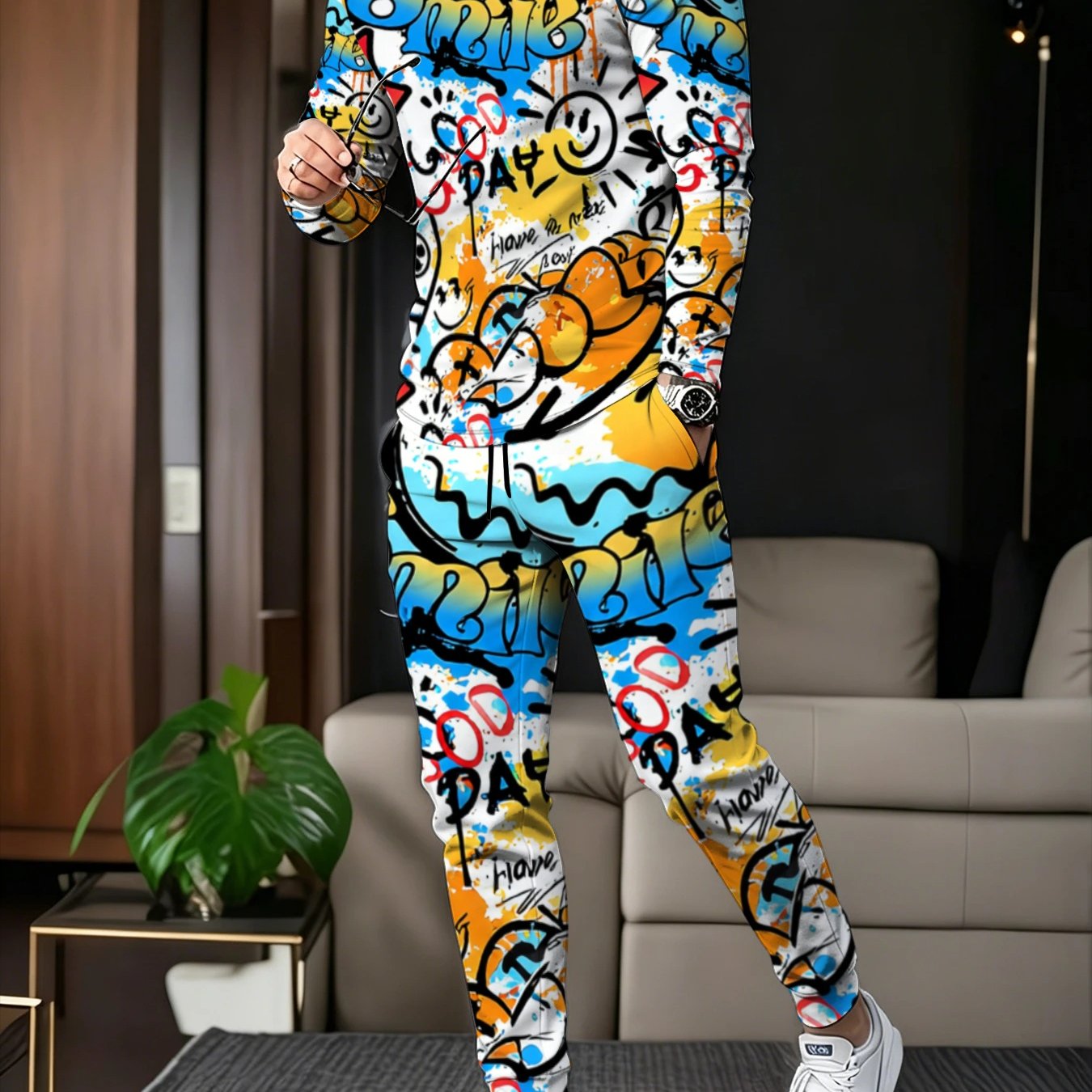 TEMU Men's Trendy Printed Casual Set, Long Sleeve Top   Long Pants, Fashionable Street Style 2pcs Set, Colorful , Spring/autumn Loungewear