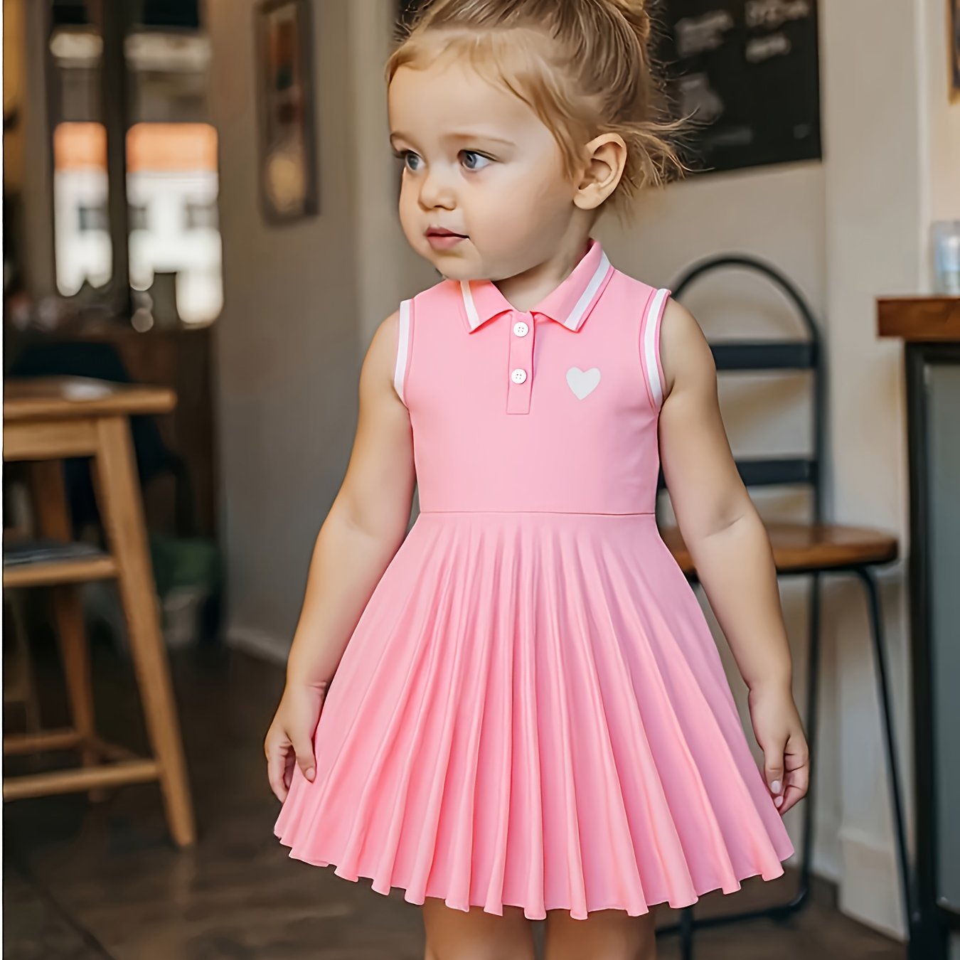 Image of Summer Style Fashion Dress For Girls - Sleeveless With Peter Pan Collar, Heart Print, Knee-length Casual Wear