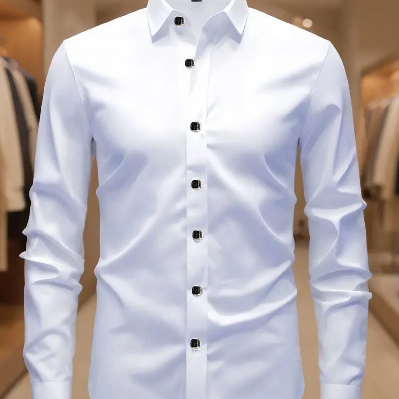 TEMU Men's Elegant Black Long Sleeve Button Shirt - Slim Fit Formal And Casual Dress Shirt, Lightweight Polyester Shirt, Smooth Texture, Suitable For