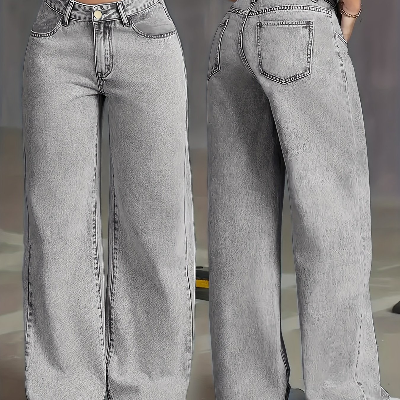 Image of Women's 2026 Straight-leg Jeans, Wide-leg Jeans With Pockets, Washed Grey Color Denim Trousers, High-waisted Tummy-control Pants, Elegant Ladies' Outfit, Loose Casual Pants , Travel And Office Wear