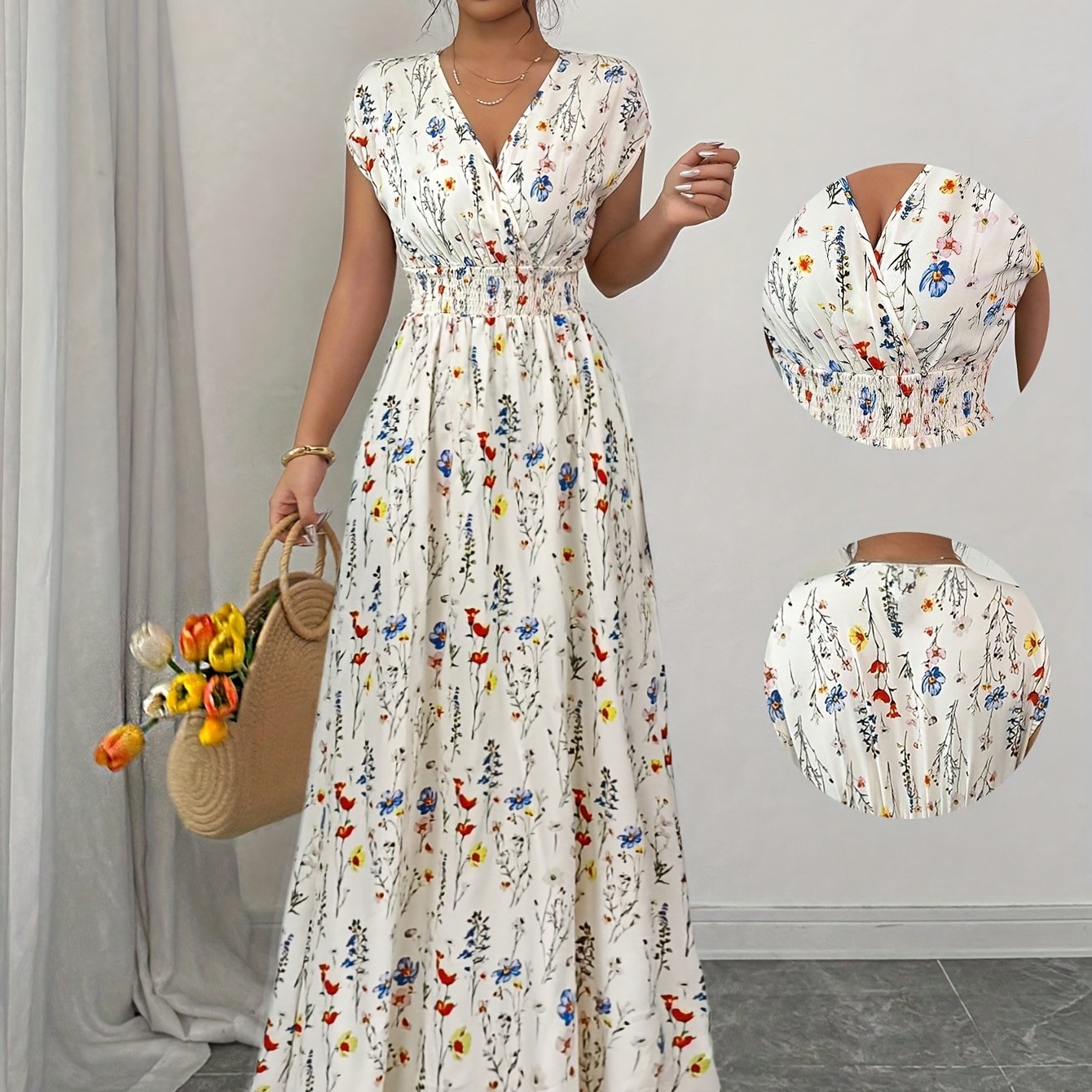 TEMU Women's Fashion Printed Waist Cinched V-neck Maxi Dress