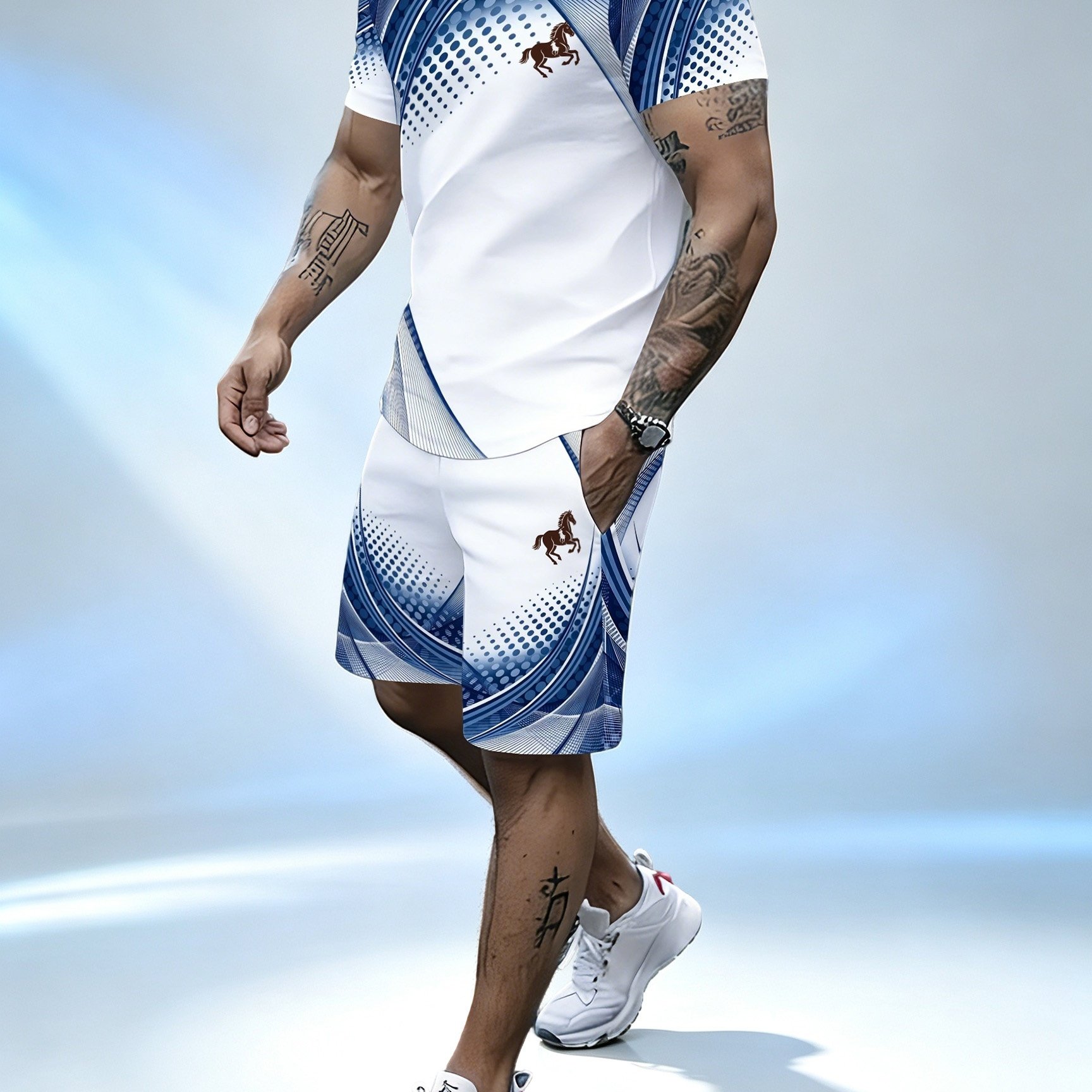 TEMU Trendy Men's Athletic Set, Gradient Print Short Sleeve And Shorts Casual Two-piece Set, Men's Sports Casual Suit, Contrast Gradient Polka Dot