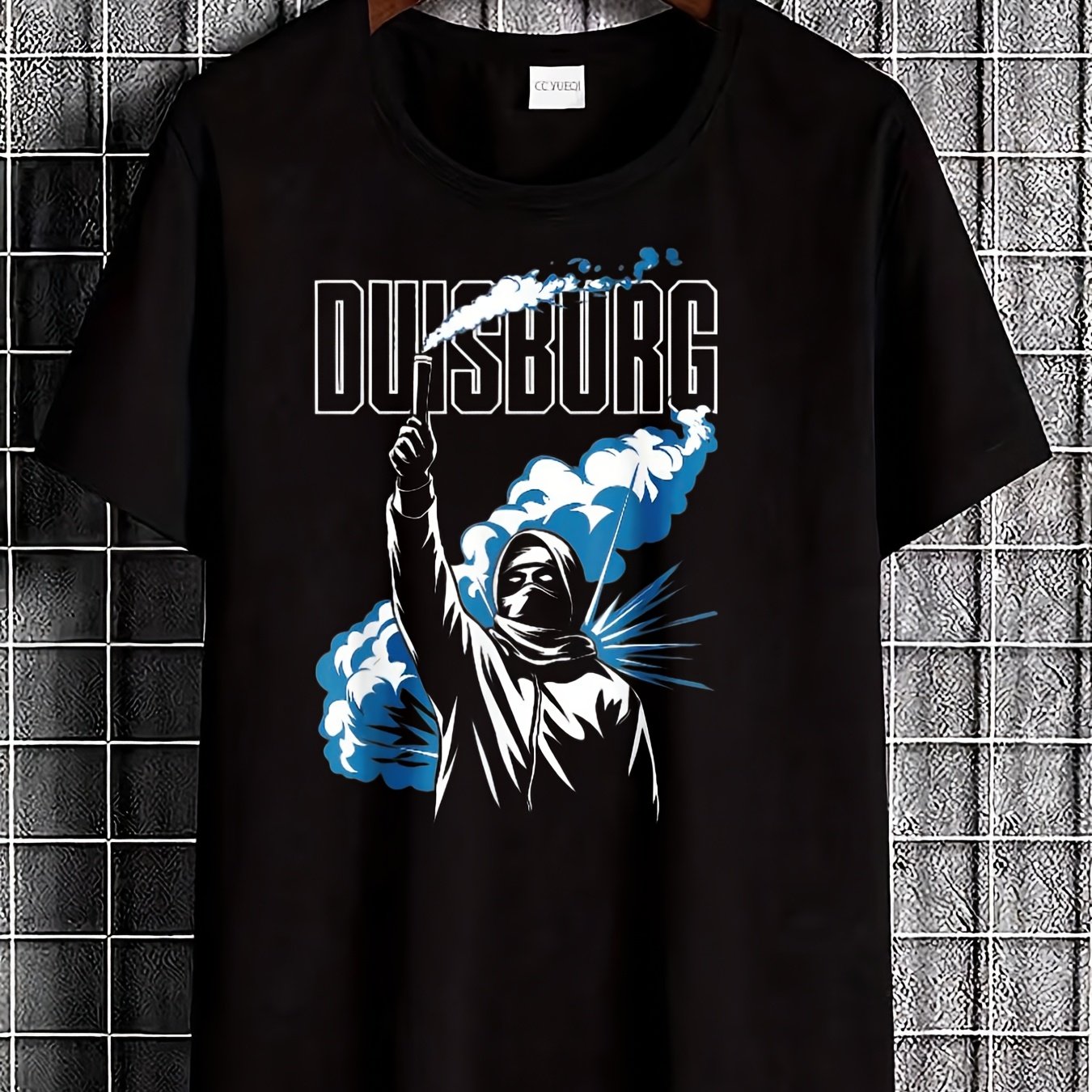 Black T Shirt With Duisburg Text And Warrior Graphic Design For Casual Wear