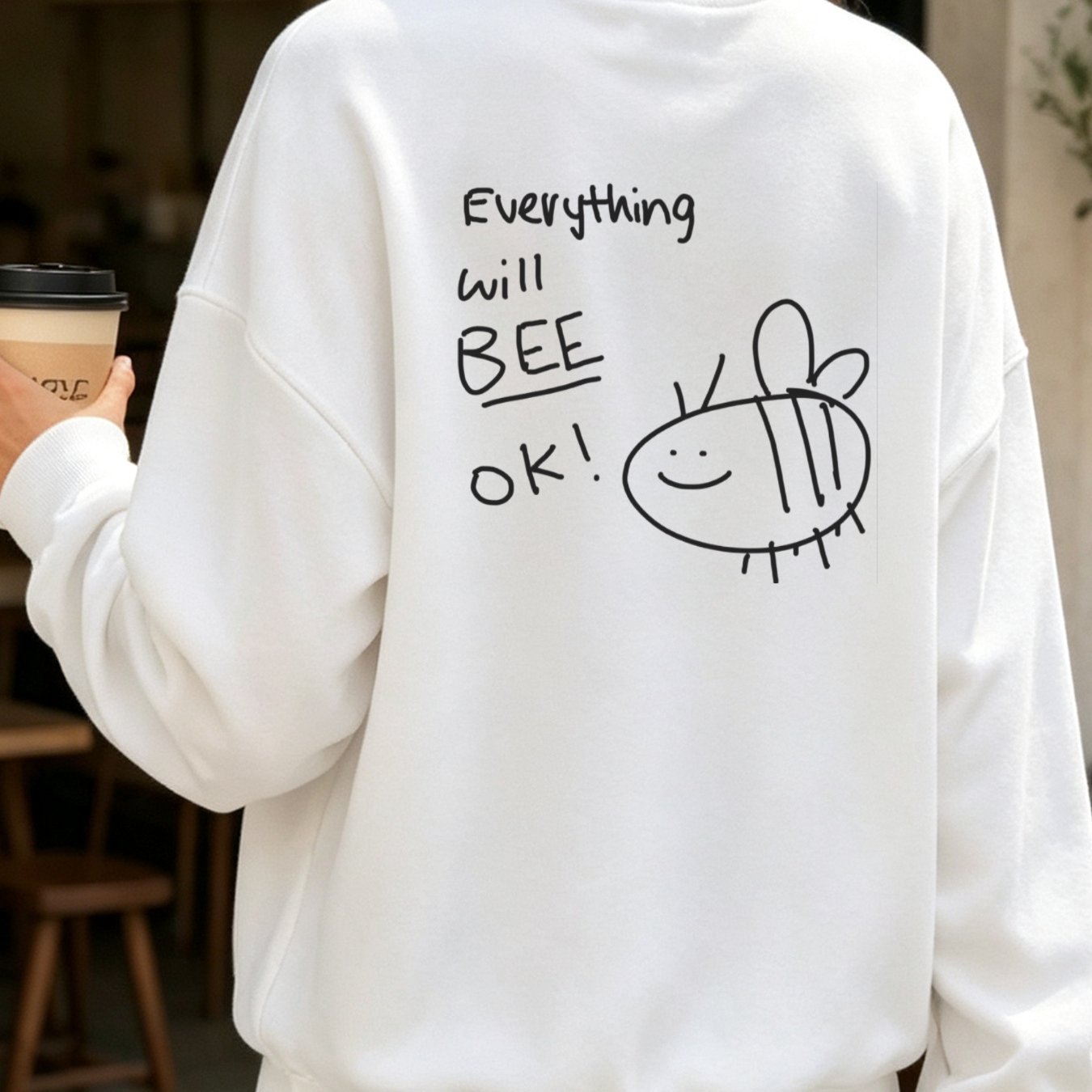 Image of Women's Casual Bee Graphic Crew Neck Pullover Sweatshirt, Minimalist Long Sleeve Top, Machine Washable, Cozy Loose Fit Sweater For Fall Winter Street Style