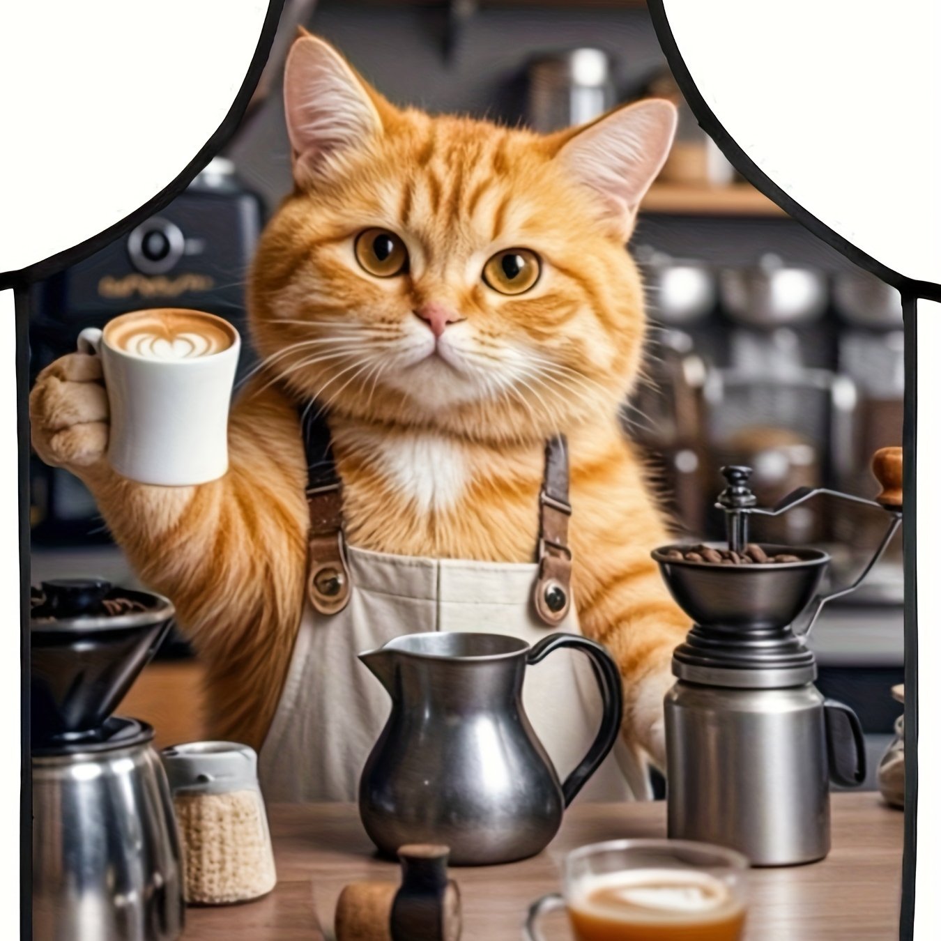 Image of 1 Cartoon Cooking Cat Apron, , 100% Polyester, Non-stretch Fabric, Woven, 150g/m², Tie-, Loose Fit, Unisex Kitchen Apron
