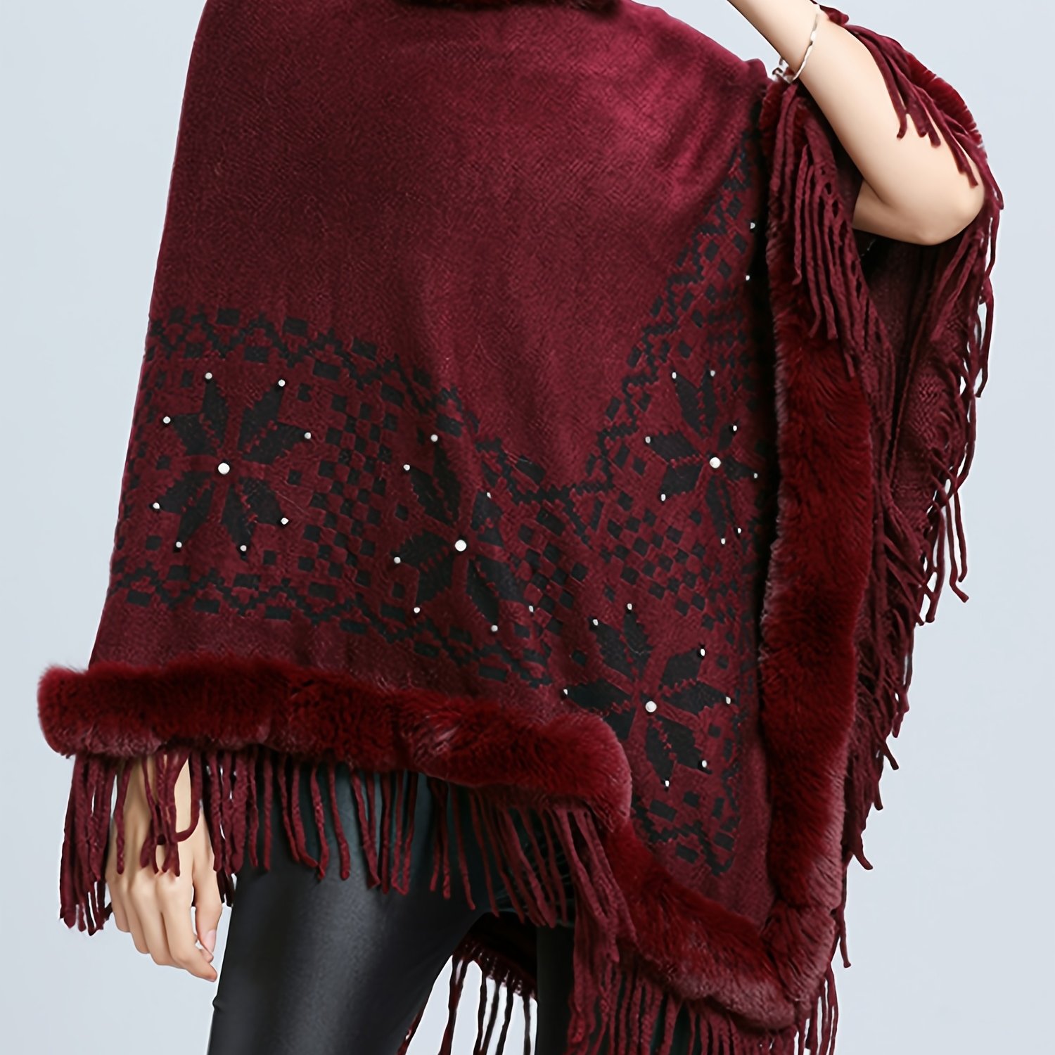 Pure Body Bust" Elegant Special Edition 1pc Autumn- Fringe Geometric Pattern Shawl Pullover Top, Perfect For Spring, Fall, And Winter Outfits, Women's Gift