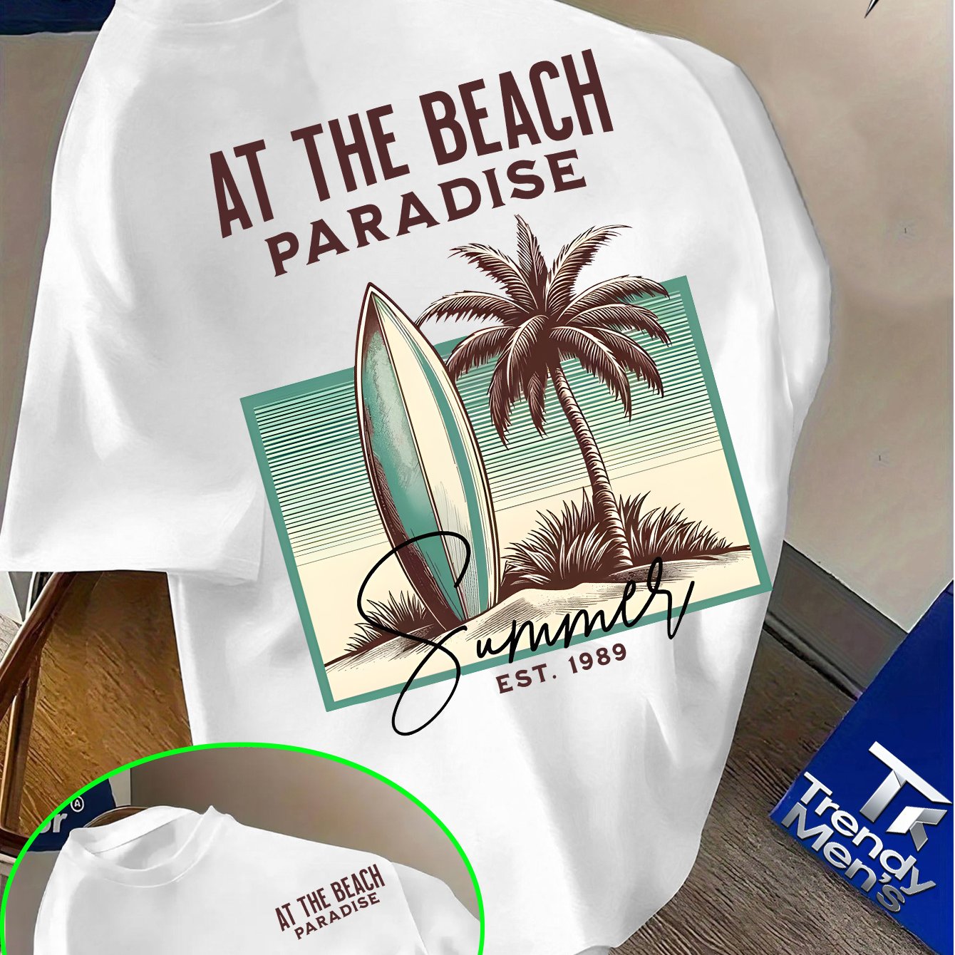 Image of A Beach Paradise Summer Surf And Palm High Quality Cotton T Shirt Men's T-shirt Summer Casual Wear For Beach Vacation Gifts For Who
