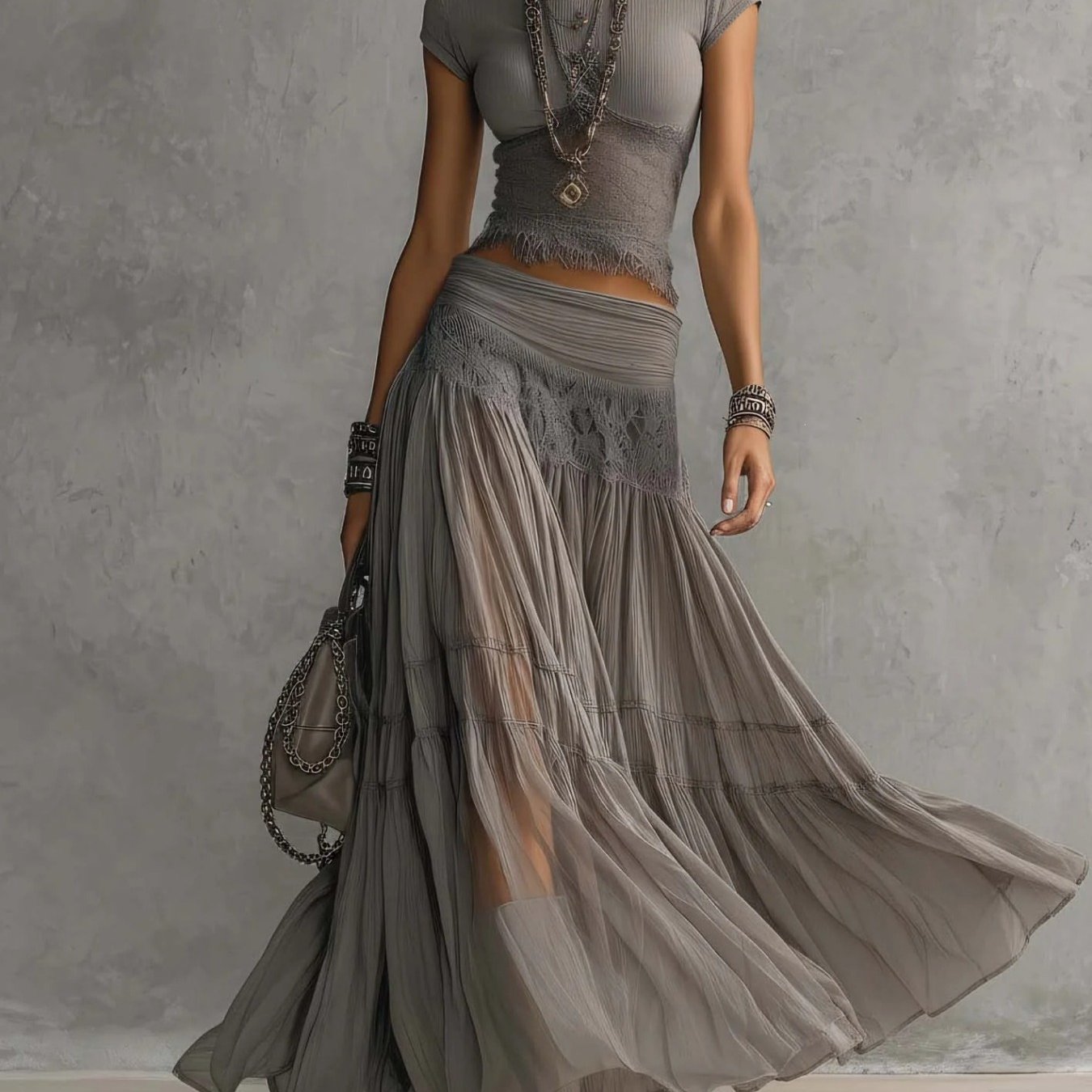 2026 Elegant, Grey Top Chiffon Dress Suit Women's Fashion Elegant