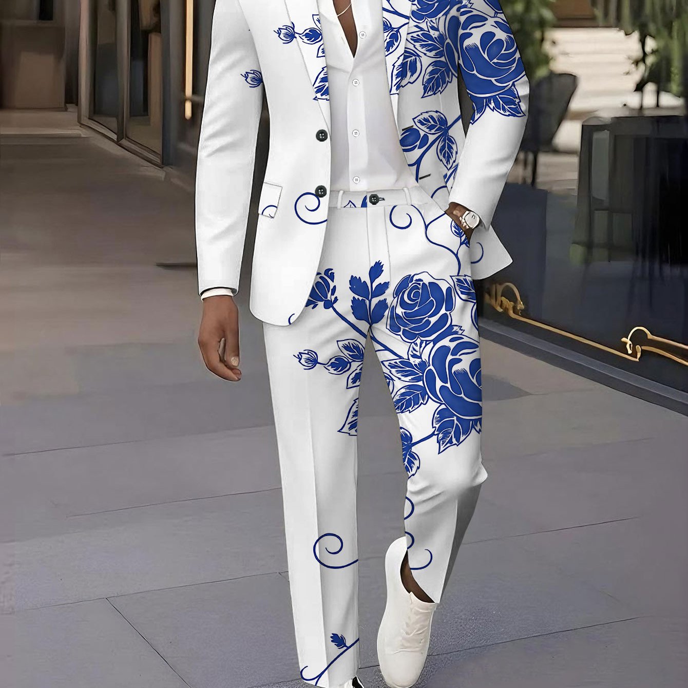 TEMU Men's Suit Set, 2pcs Suit Jacket And Trousers, Men's Suit, Classic Formal Wedding Party Suit, Blue And Floral Pattern Rose Vine, Suit Top And