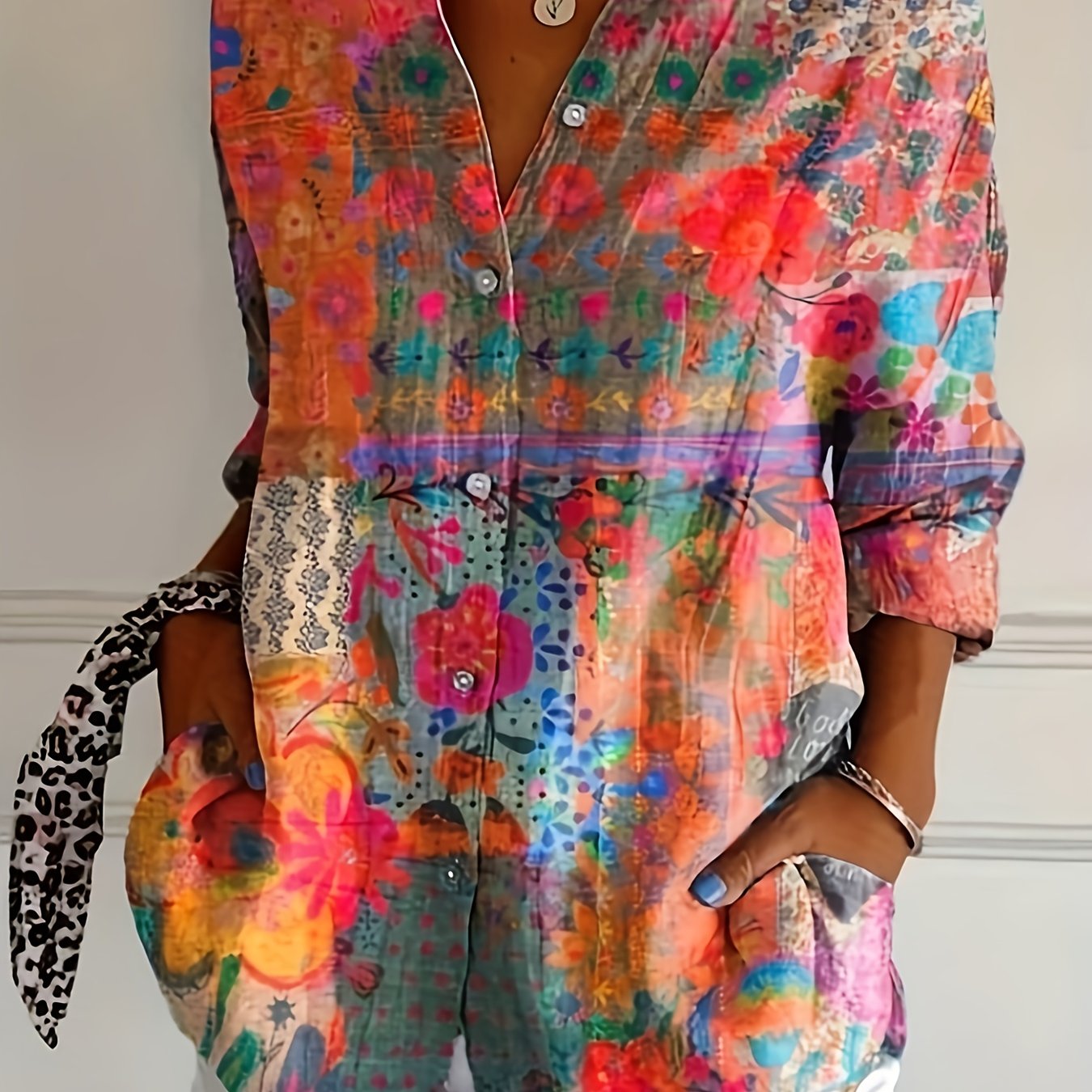TEMU Elegant Floral Print Long Sleeve Blouse For Women, Polyester Woven Shirt, With Lapel Collar And Button , For Spring/summer/fall