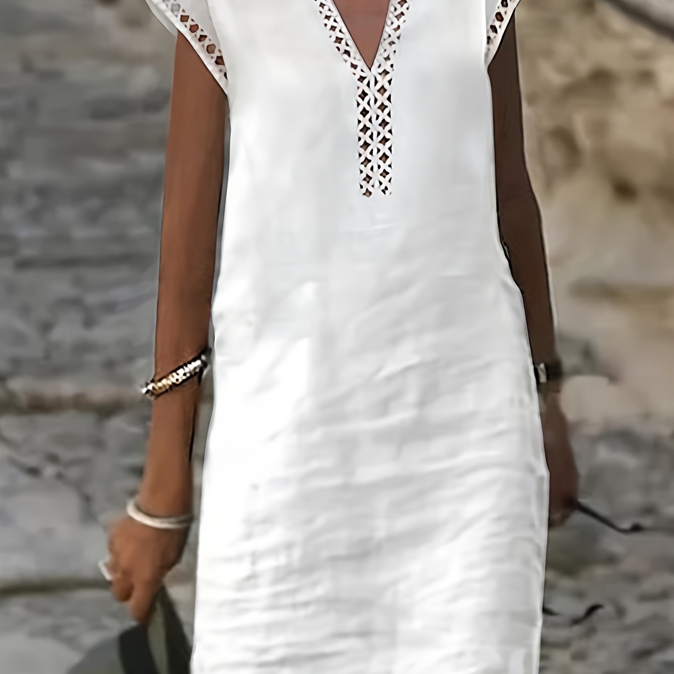 Loose Solid Color Hollow Lace V-neck Dress