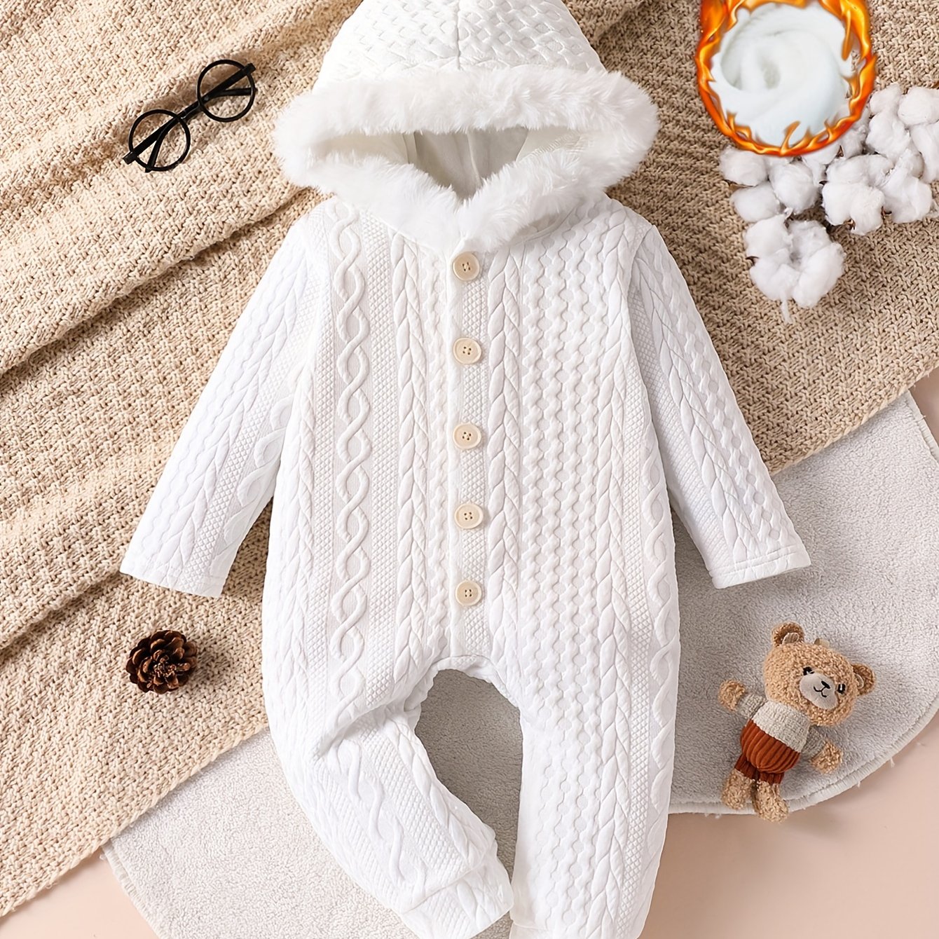 Infant Baby Girls' Autumn Winter Casual Outing Style Thick Hooded Solid Single-button Regular Ordinary Jumpsuit, For Outdoor