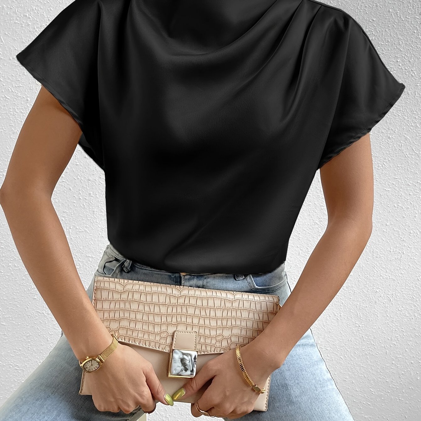 Image of Batwing Sleeve Satin Short-sleeved Shirt