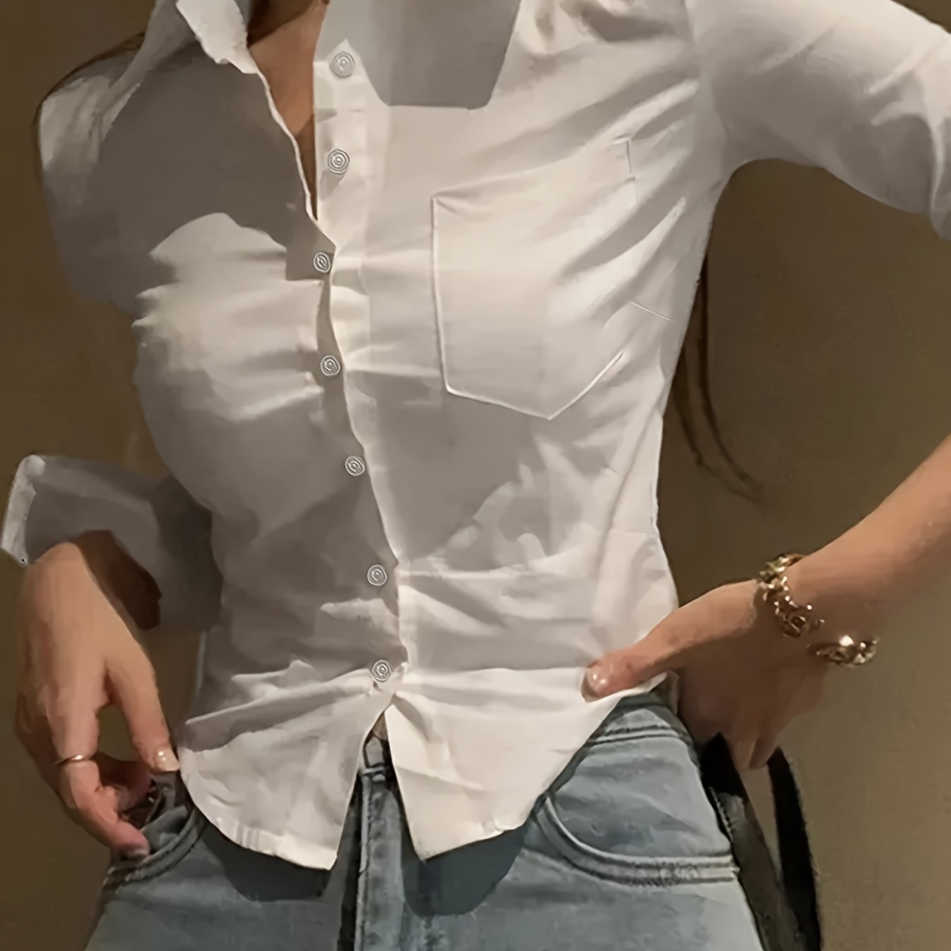 TEMU Elegant Special Women's Temperament High-end Waist- Lapel Design Pocket Long-sleeved Shirt Spring And Summer Temperament Long-sleeved Top
